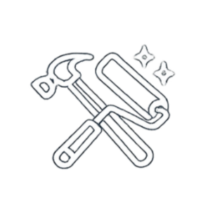 Neon-style illustration of a hammer and a saw crossed over each other, with sparkles around.
