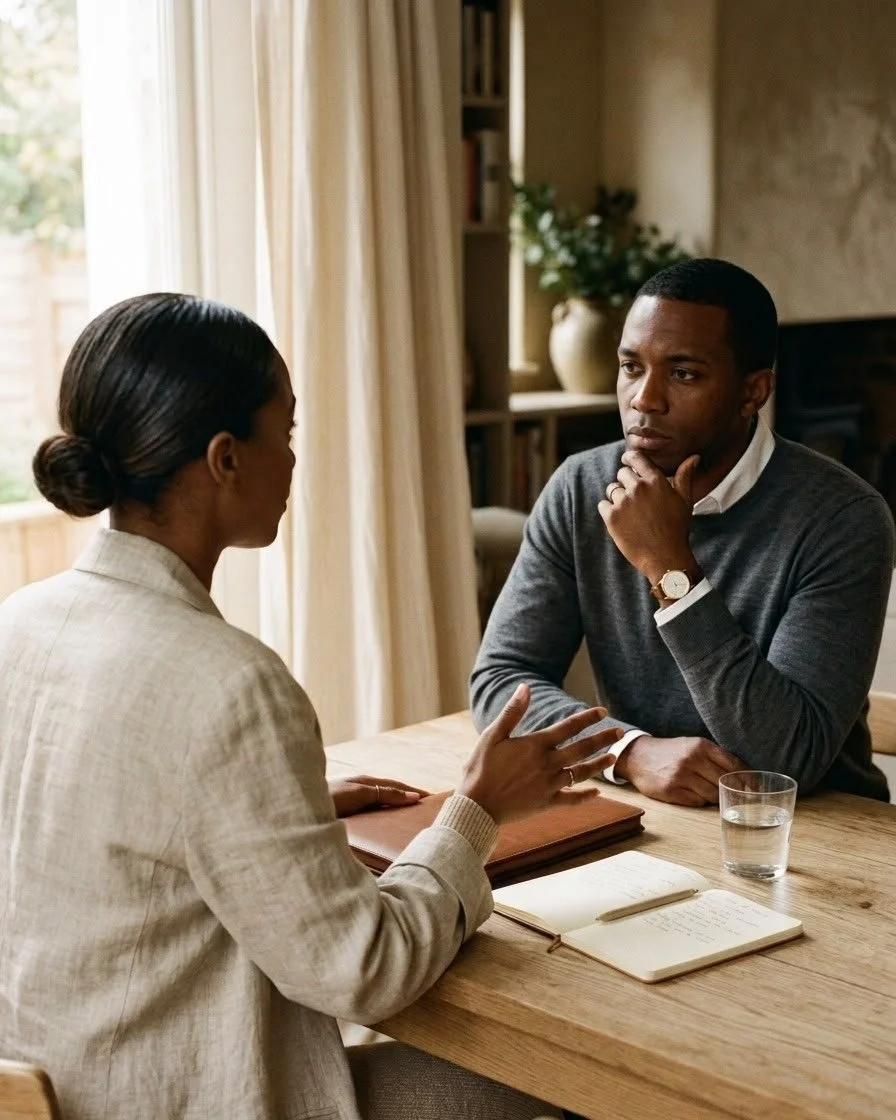 Two people in oat linen and muted knit seated at a light-oak table in conversation, a slim leather portfolio, an open cream notebook, and a glass of water between them.