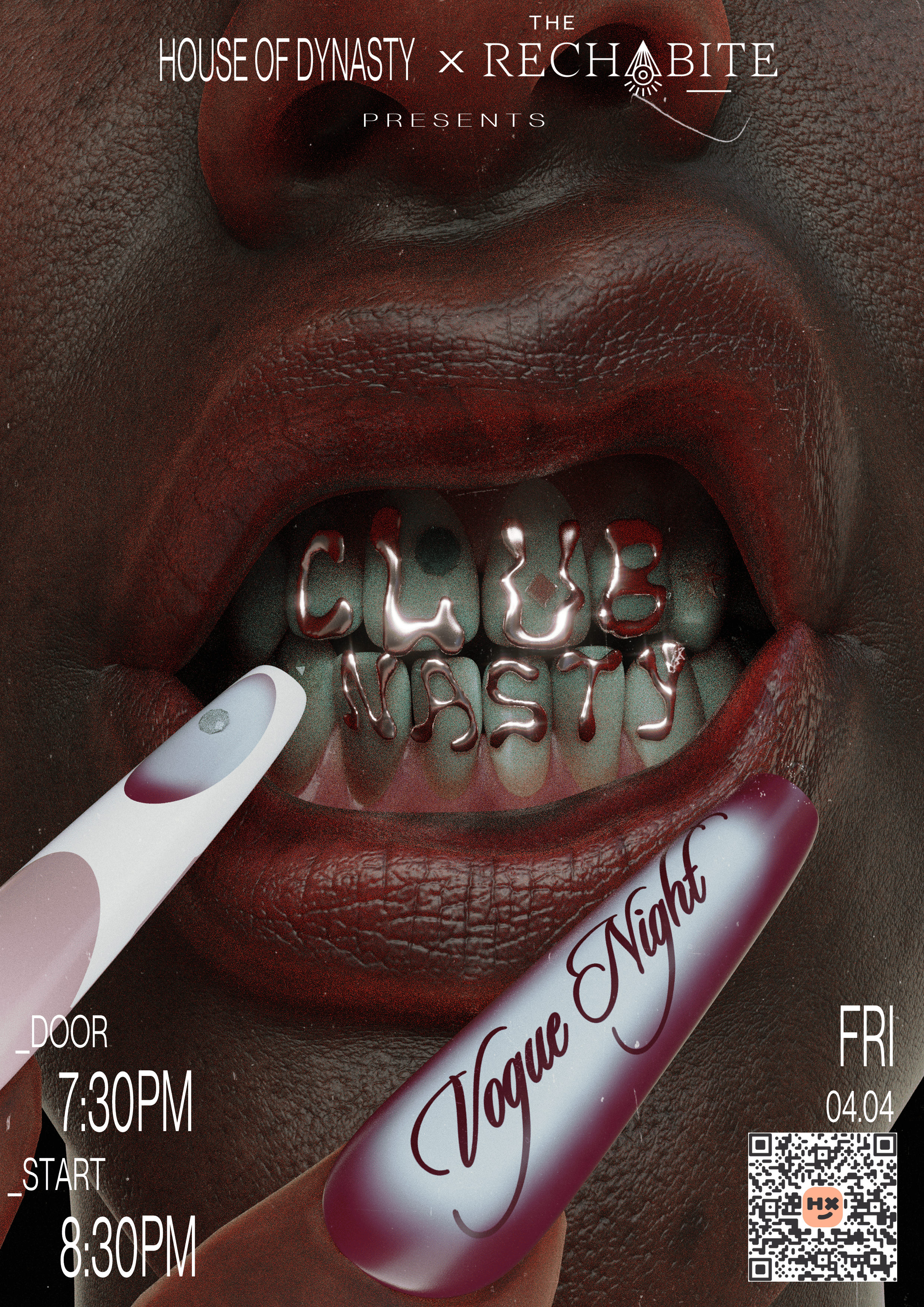 A promotional poster for an event titled 'House of Dynasty x Rechabite Presents' featuring a close-up of a person's mouth with metallic teeth, with a bottle labeled 'Vogue Night' held near their lips. The poster provides event details such as date (April 4th, Friday), and start times at 7:30 PM and 8:30 PM, along with a QR code in the bottom right corner.