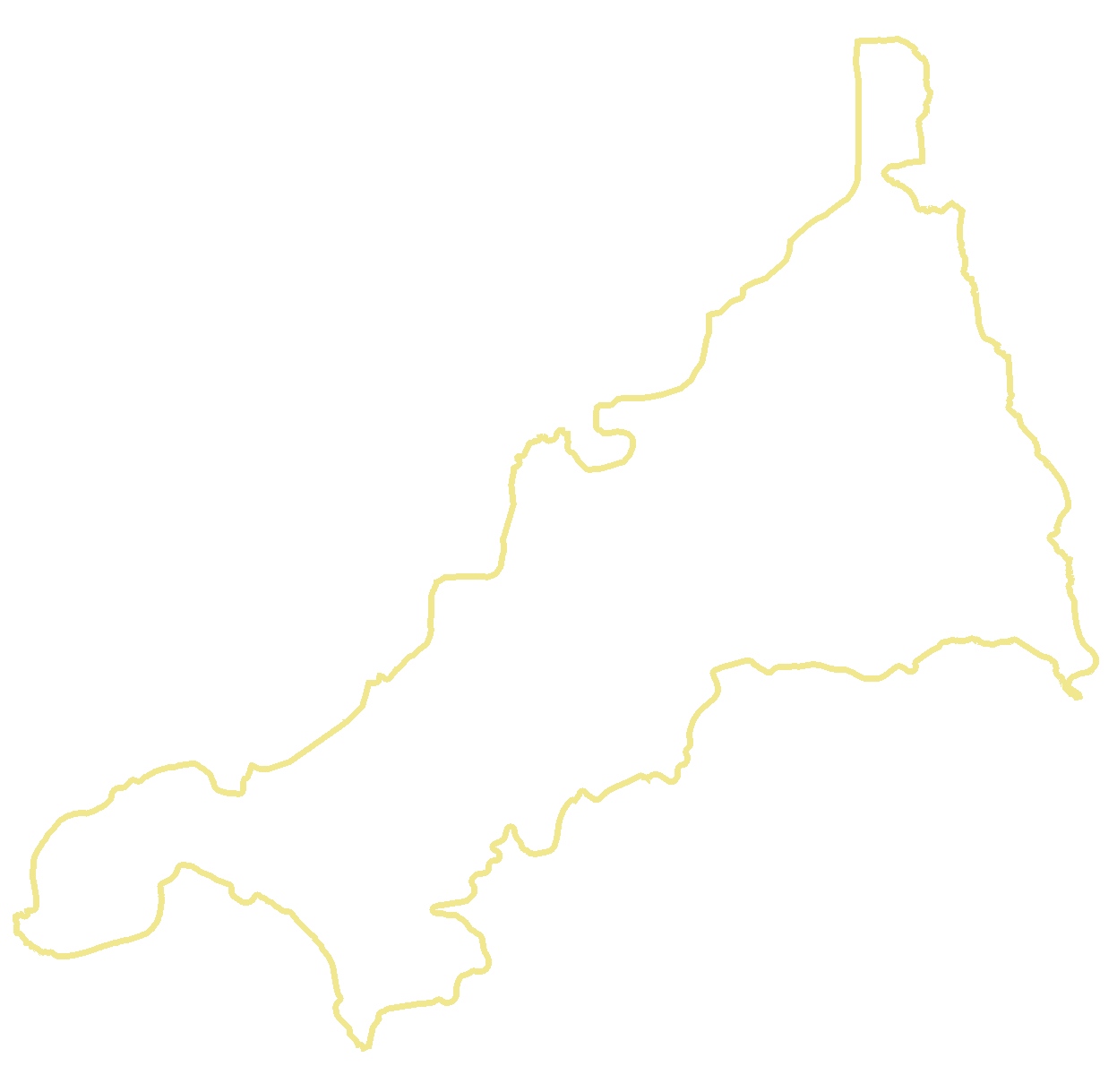 Outline map of Cornwall with no additional details.