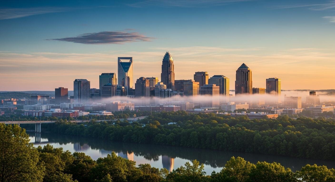 City skyline of Charlotte, North Carolina at sunrise, with tall buildings and a river in the foreground.