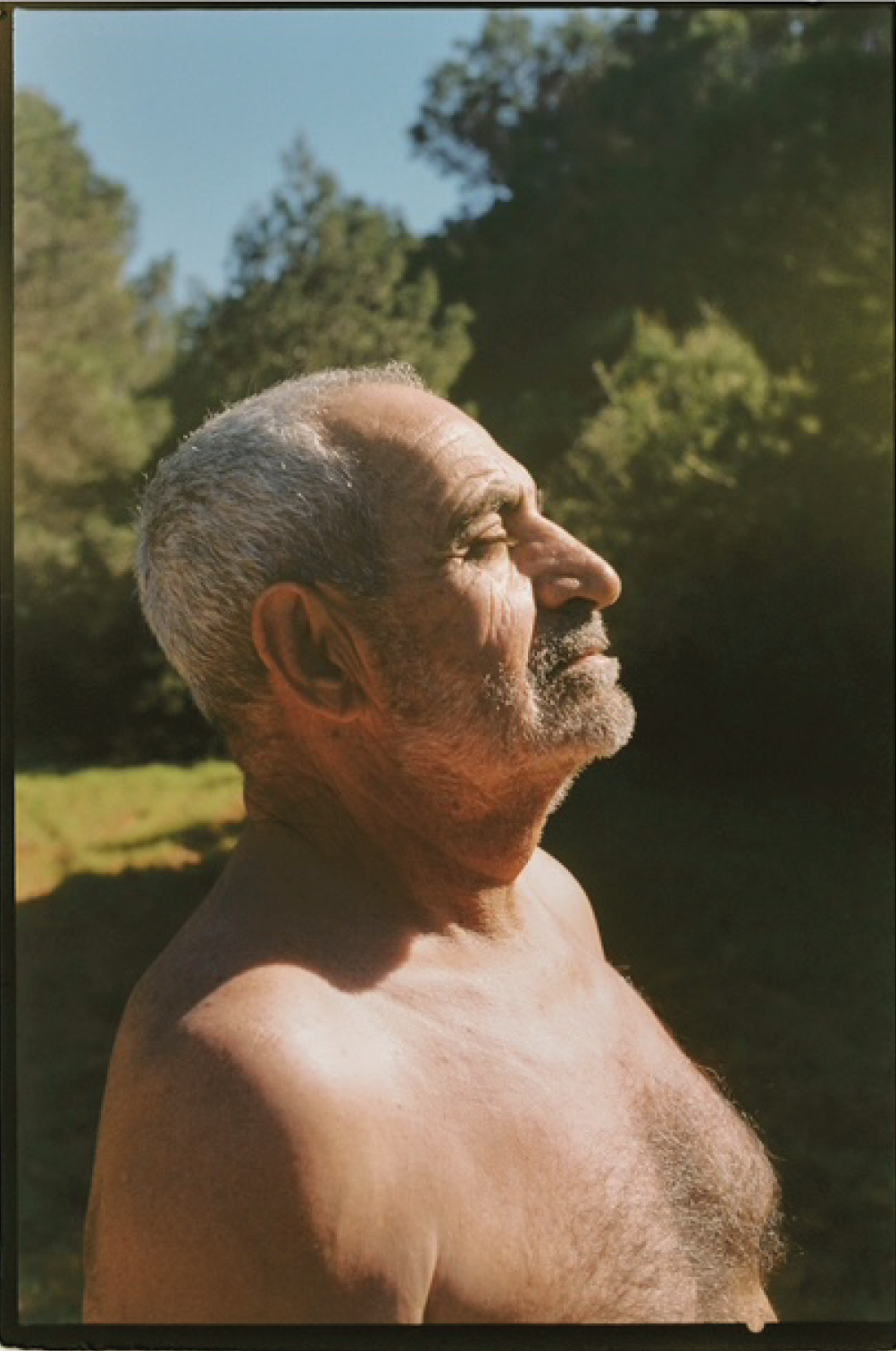 Un hombre mayor de cabello gris y barba rizada, de piel clara, con los ojos cerrados, disfrutando del sol al aire libre, con árboles verdes y cielo azul de fondo.
