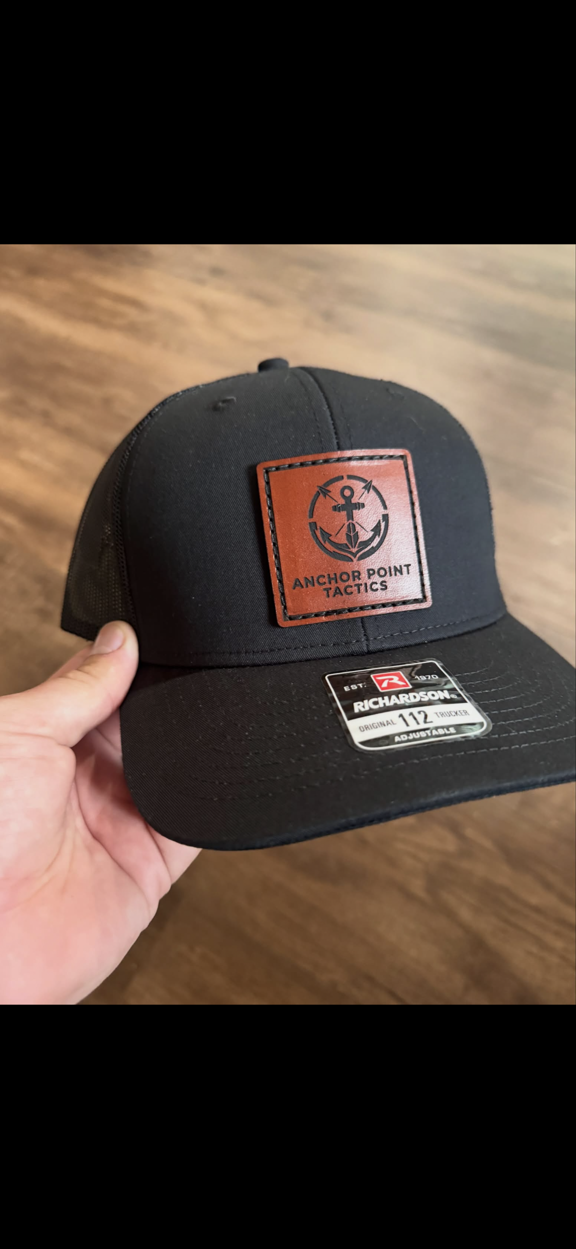 Black Snapback Hat with Leather Logo- *Preorder*