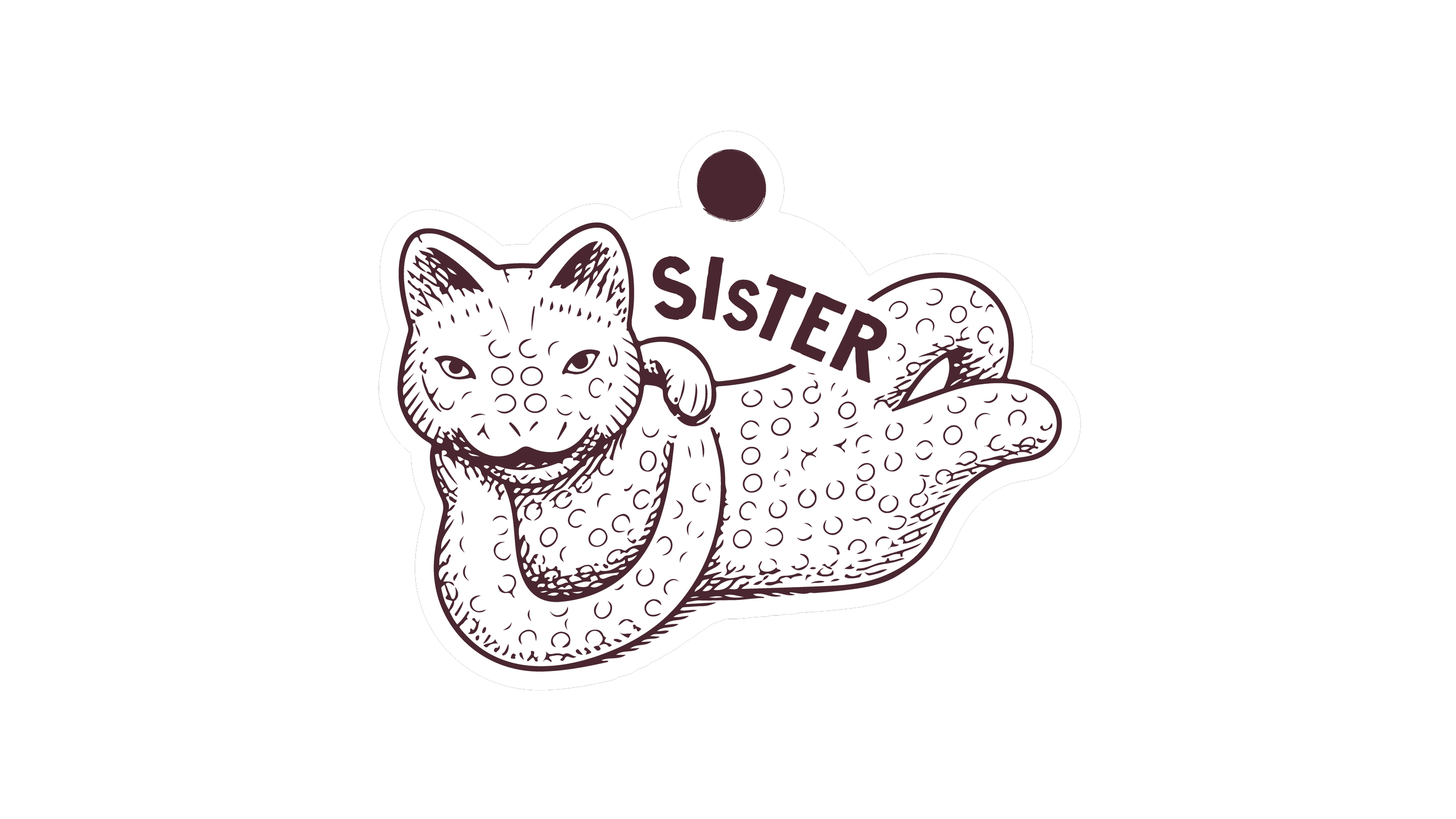 Black and white illustration of a fox with the word "SISTER" on a speech bubble attached to it.