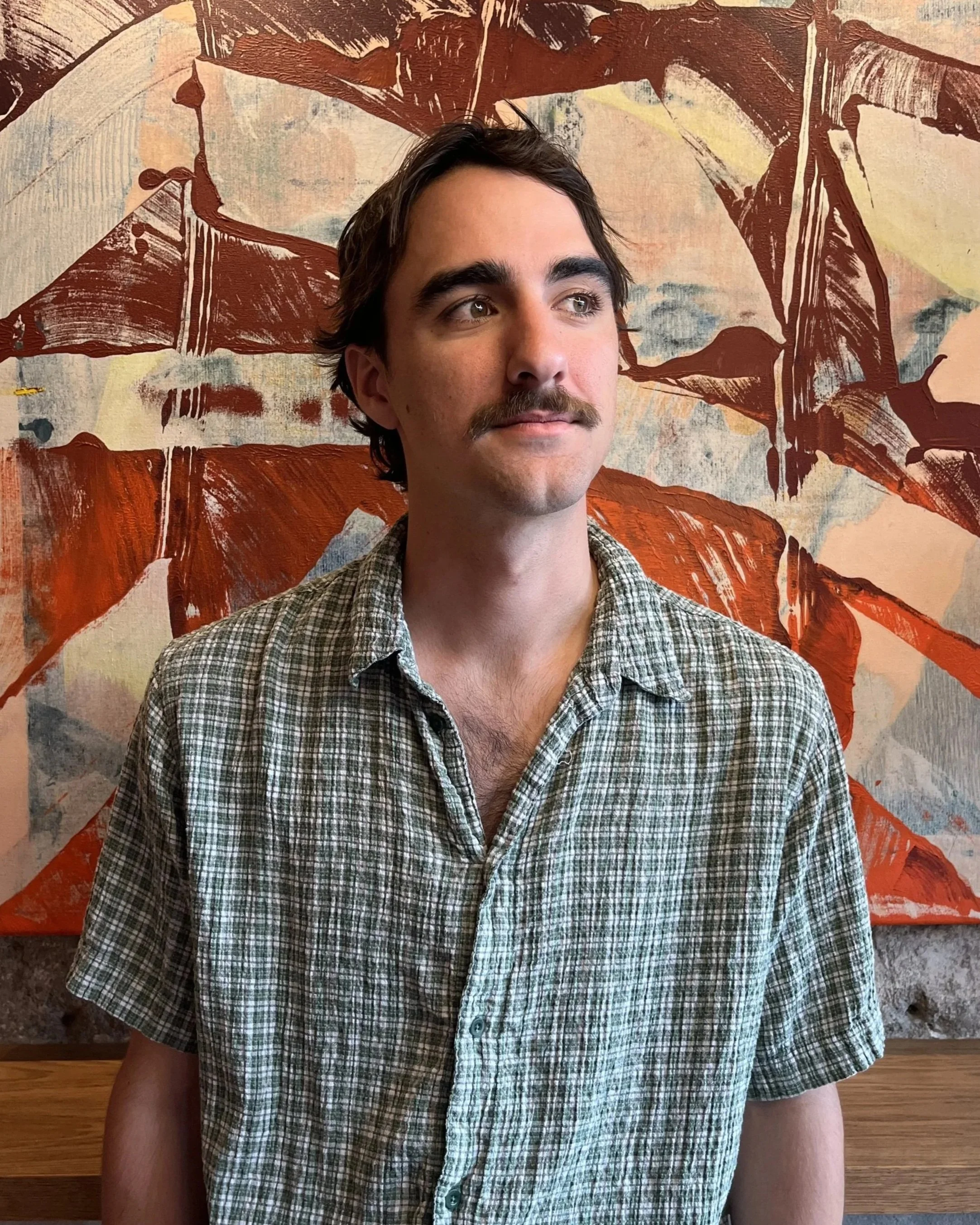 A young man with dark hair and a mustache, wearing a checkered shirt, is standing in front of a colorful abstract painting featuring large leaf shapes in red and brown tones.