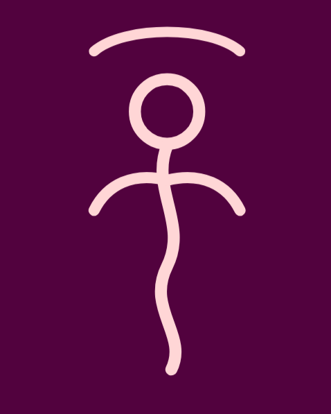 Ein stilisiertes Symbol einer Figur mit einem Kreis als Kopf, einer geraden Linie als Körper, zwei gebogenen Linien als Arme, und einer gekrümmten Linie als Beine, auf dunklem magentafarbenem Hintergrund.