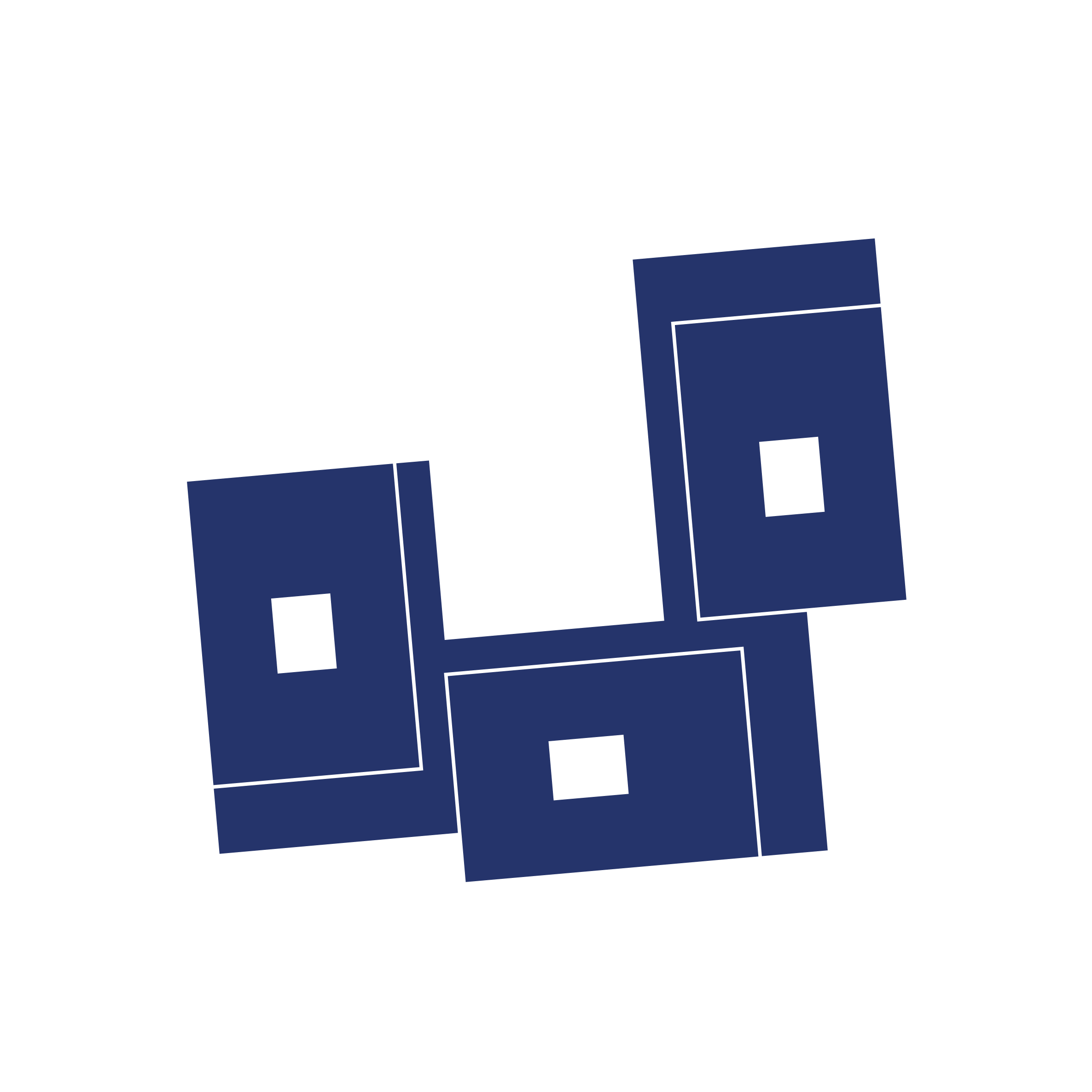 Ein schwarzer Hintergrund mit blauen, rechteckigen Formen und schwarzen Linien, die wie Buchstaben oder Figuren aussehen.