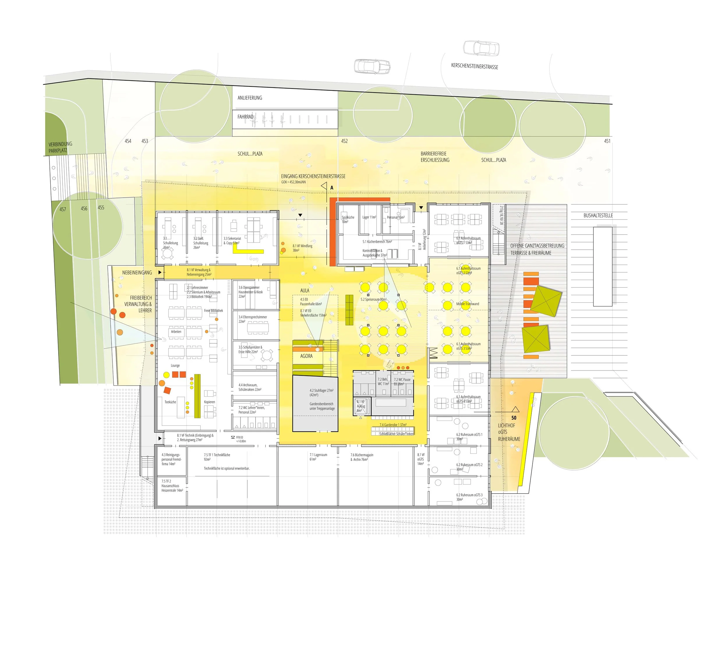 Grundriss eines Schulgebäudes mit verschiedenen Bereichen und Außenflächen, inklusive Parkplatz, Fahrradständer und Bäume.