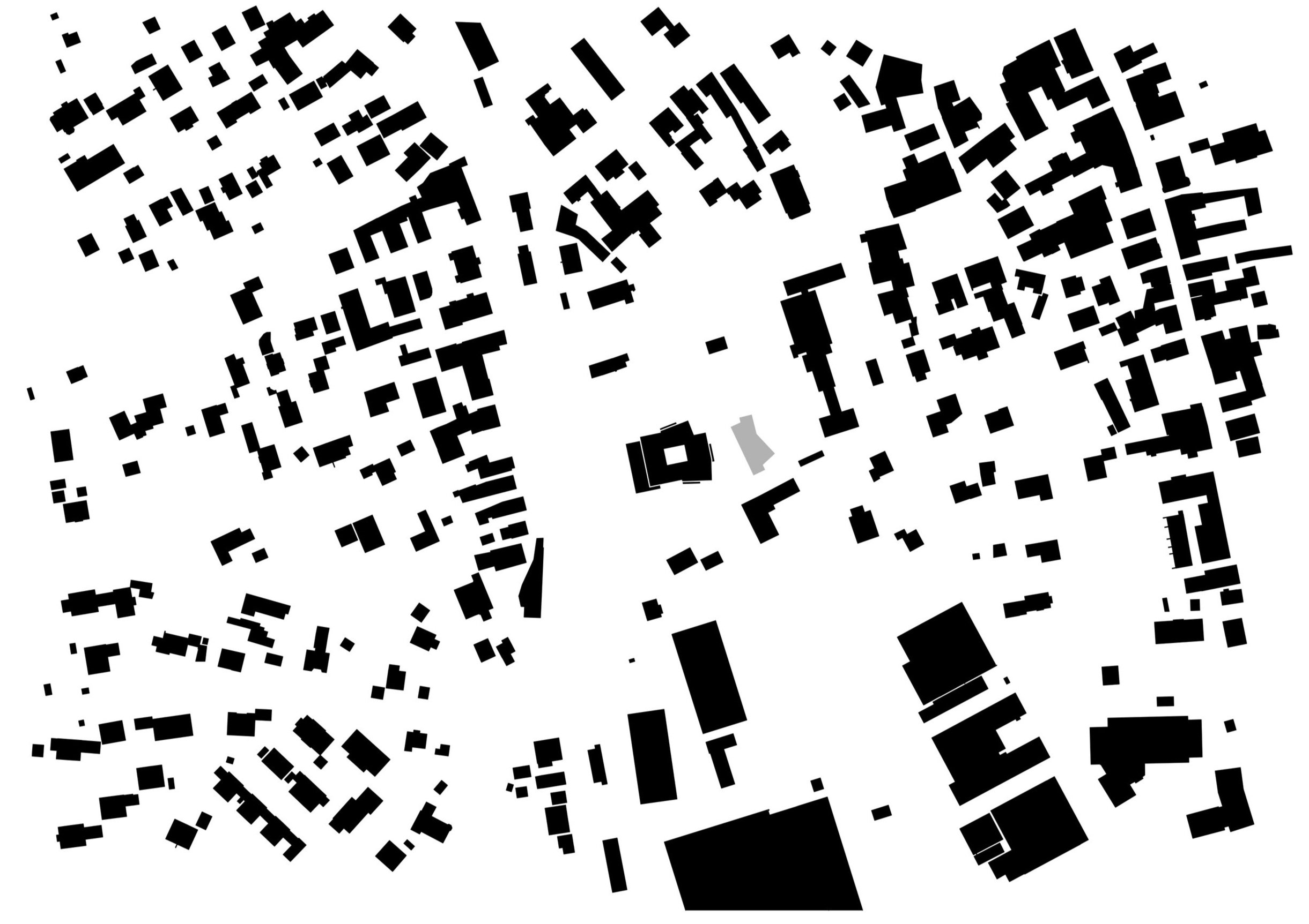 Stadtplan mit schwarzen Gebäuden und Straßen auf weißem Hintergrund.