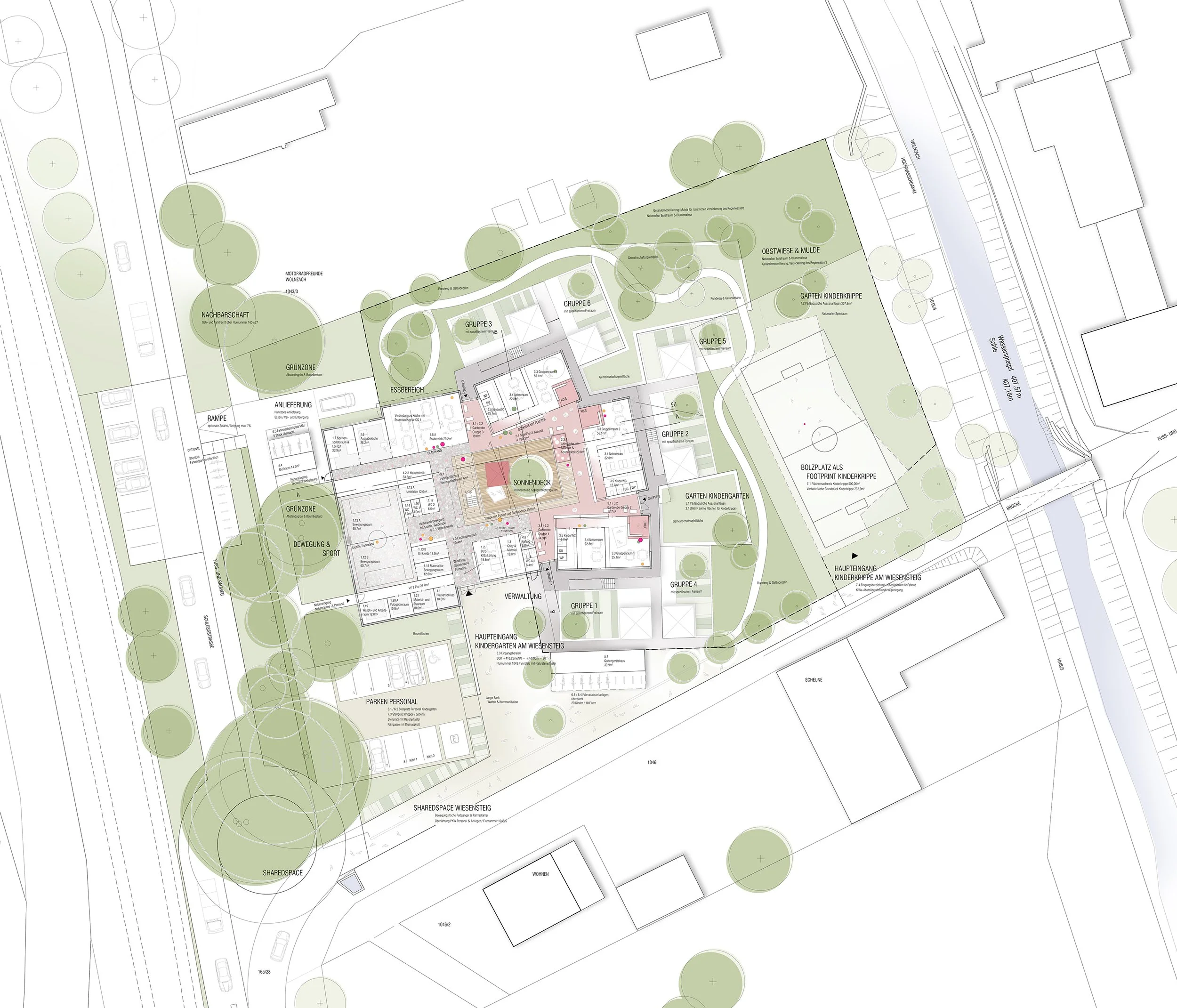 Lageplan eines Parks mit Bäumen, Wegen, Spielplätzen, Gebäuden und Wasserflächen, versehen mit deutschen Bezeichnungen.