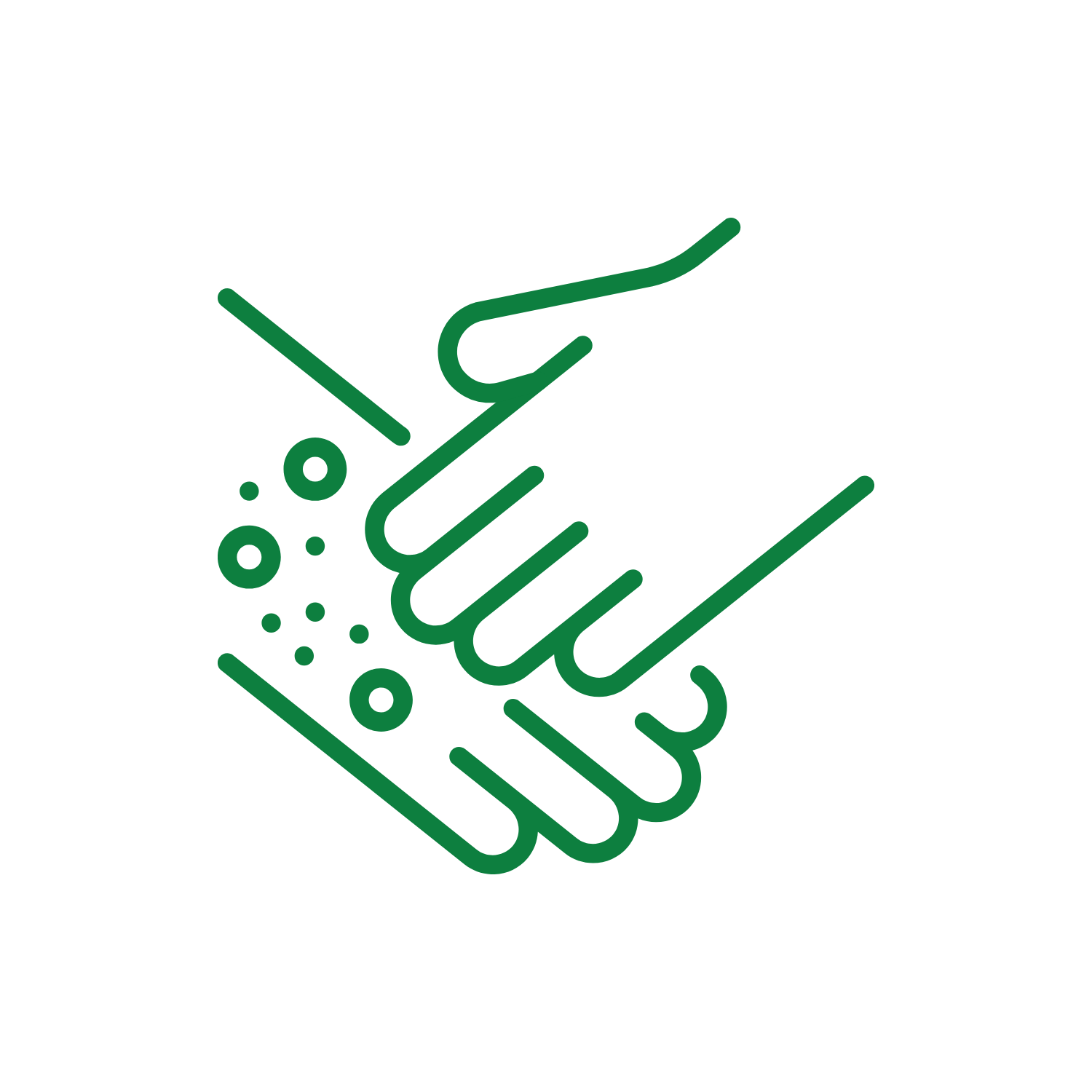 Line drawing of two hands shaking, with bubbles representing soap or cleanliness nearby.