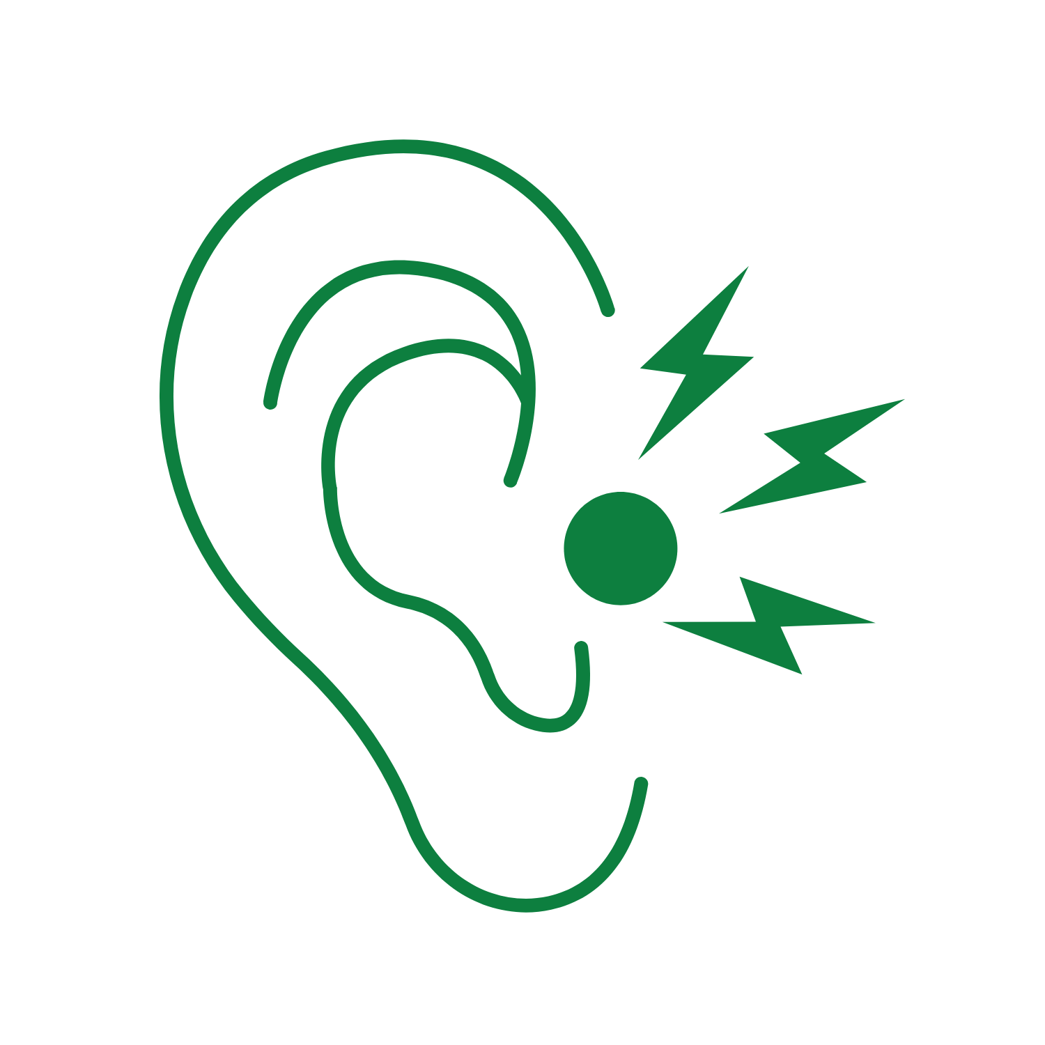 Outline drawing of a human ear with a green circle and lightning bolt symbols emerging from the ear, indicating sound or noise