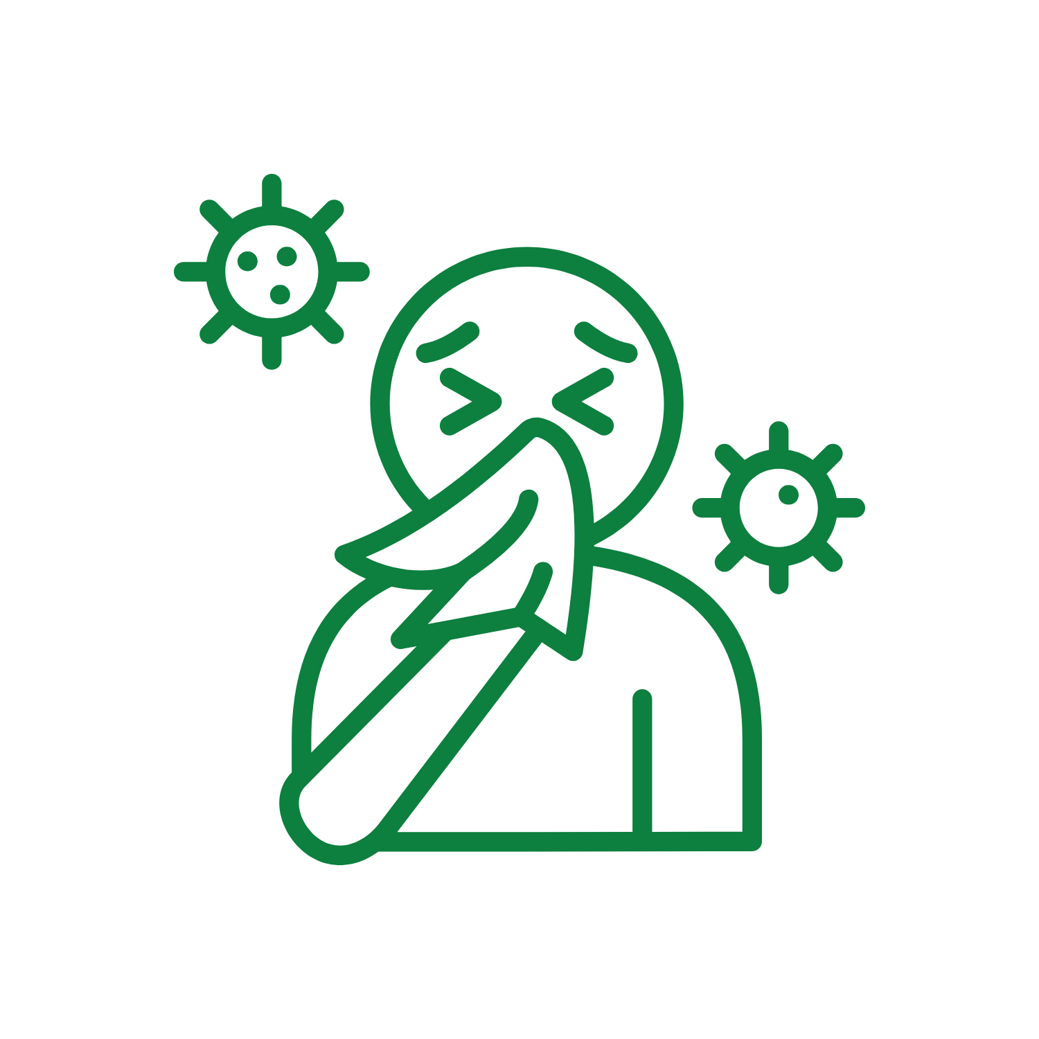 Line drawing of a person sneezing into their elbow with virus particles around them.