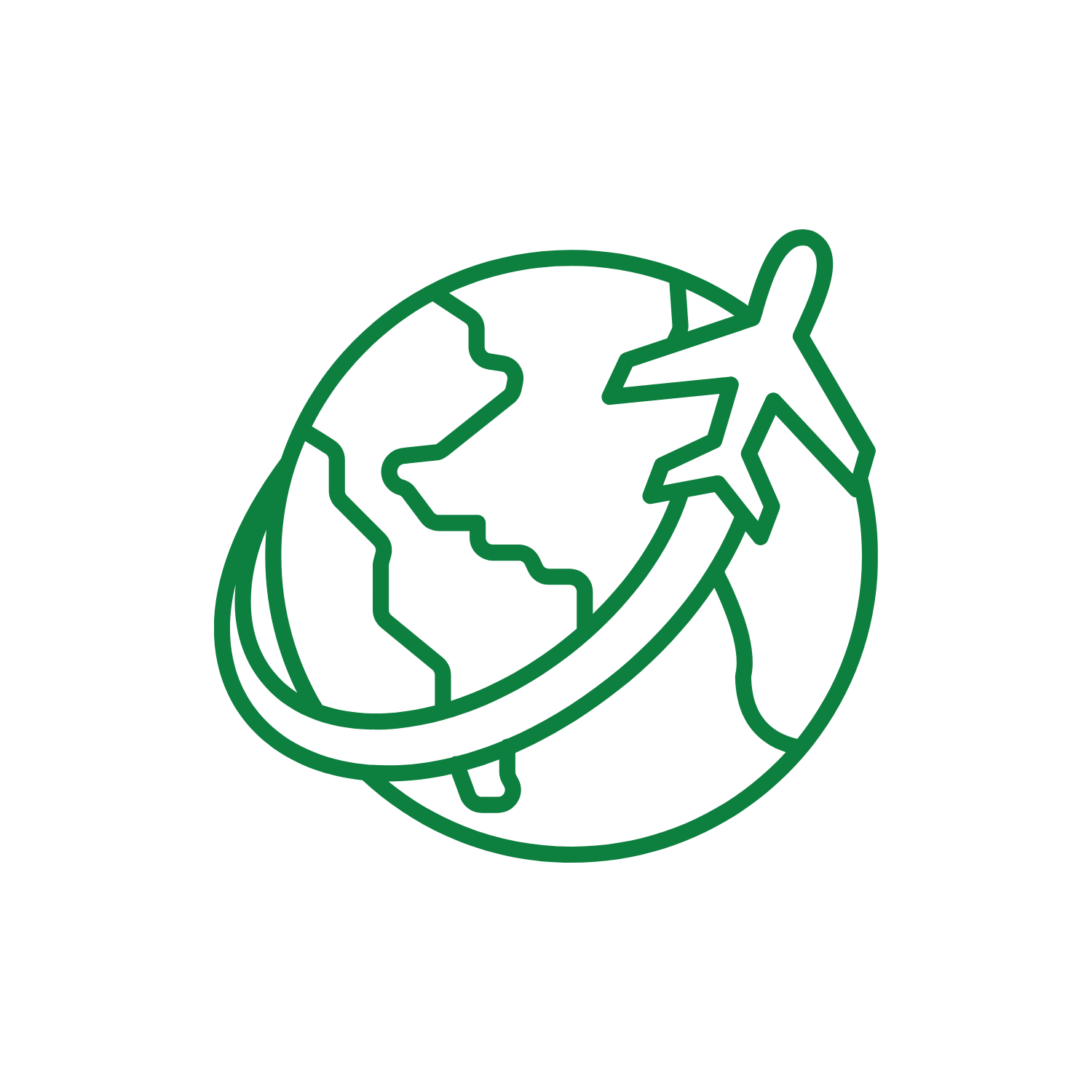 Outline of a globe with an airplane circling around it, representing global travel or conservation.