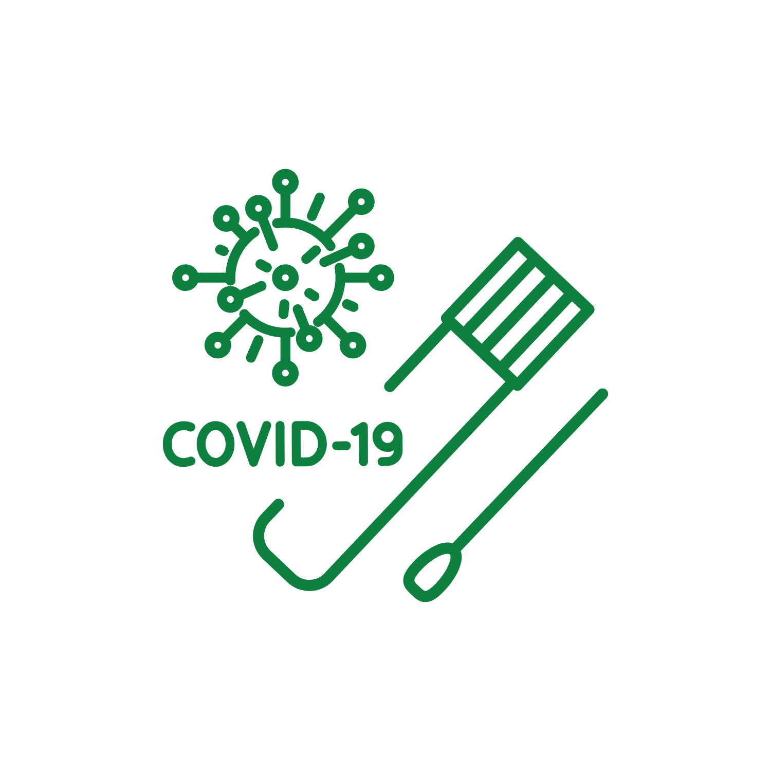 Green line drawing of a COVID-19 virus particle, a test tube, and a swab with the words 'COVID-19' below.