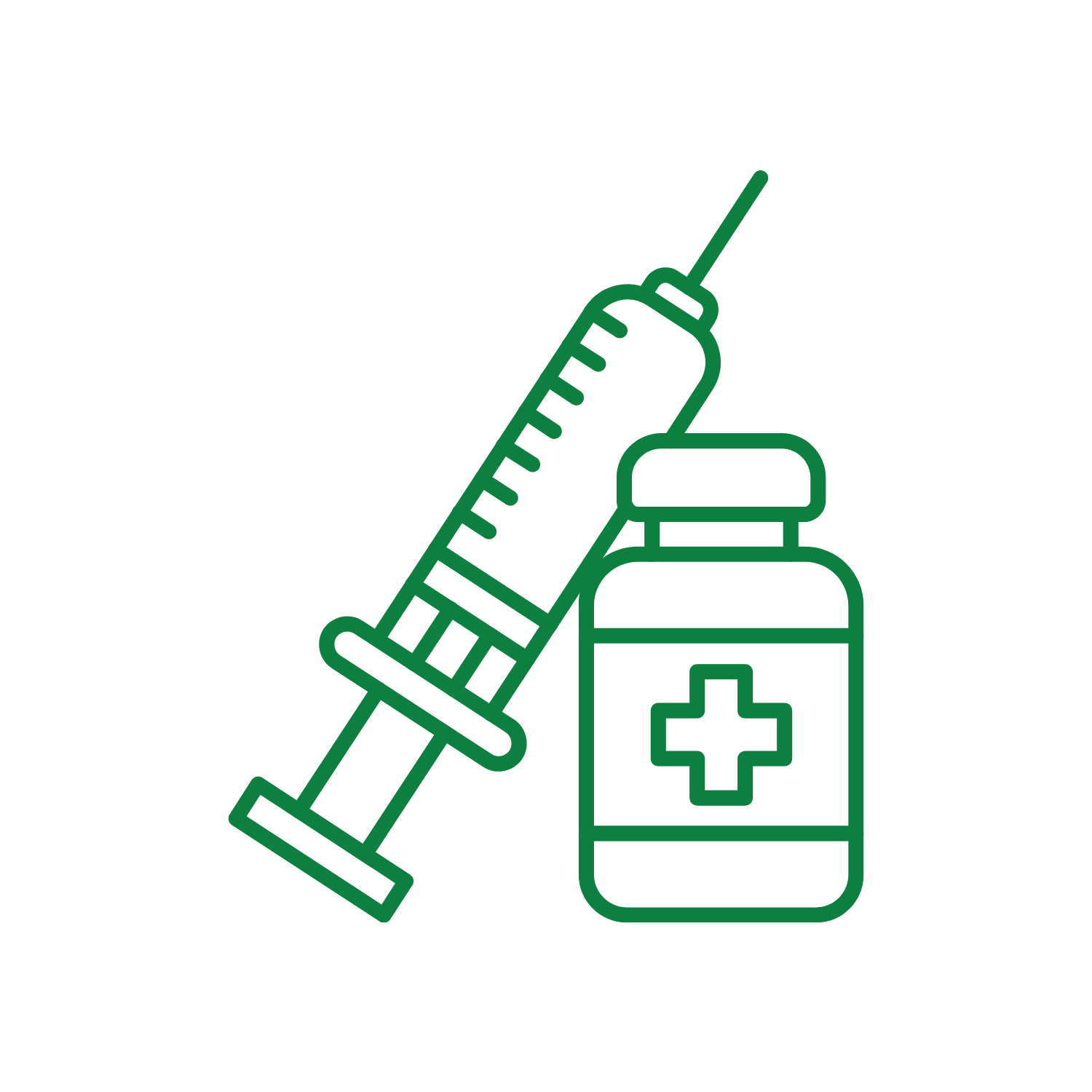 Outline illustration of a syringe and a medicine bottle with a medical cross symbol.
