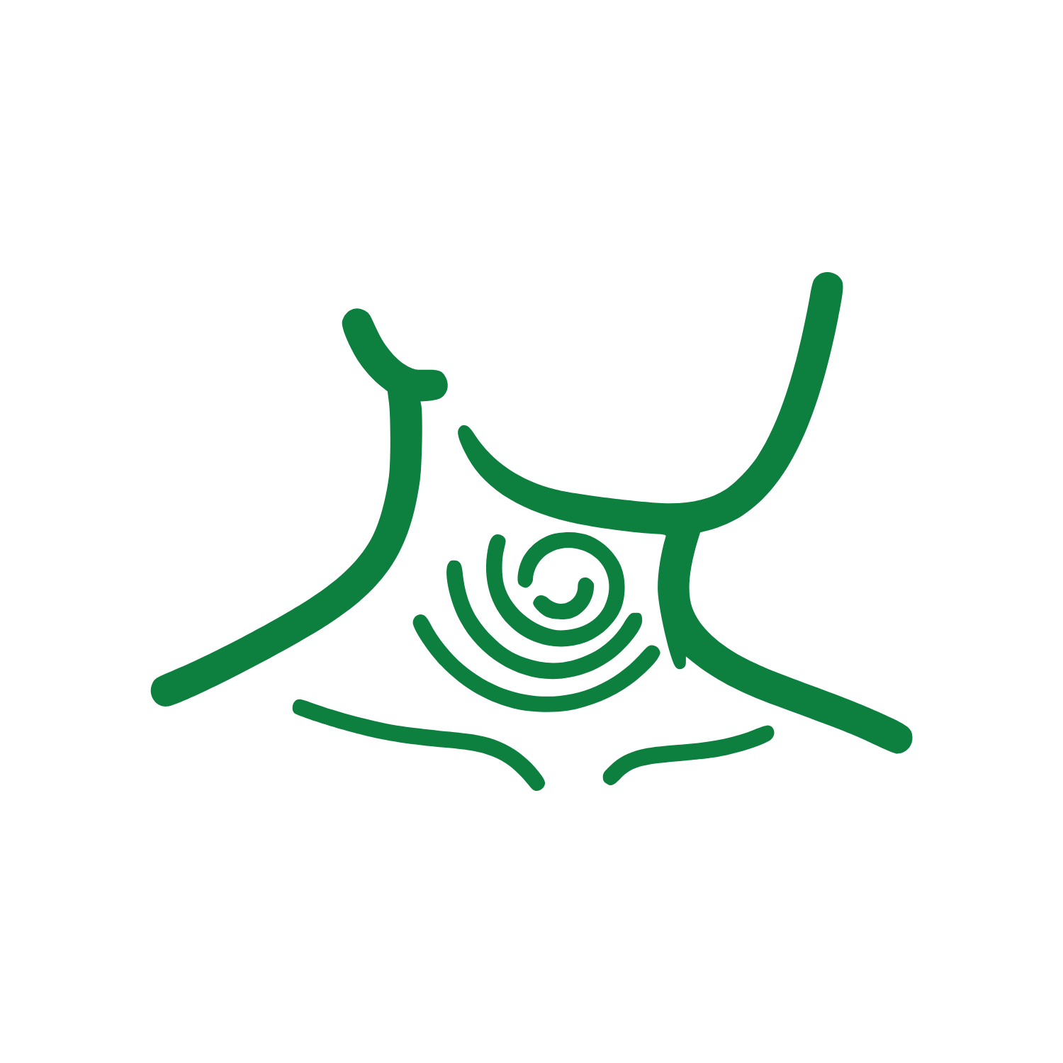 Line drawing of a hand cradling a sprouting plant with curved leaves and a spiral root.