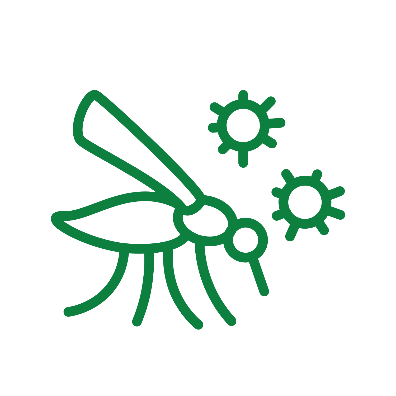 Line drawing of a bee with two pollen sacks and three small germs or bacteria around it.