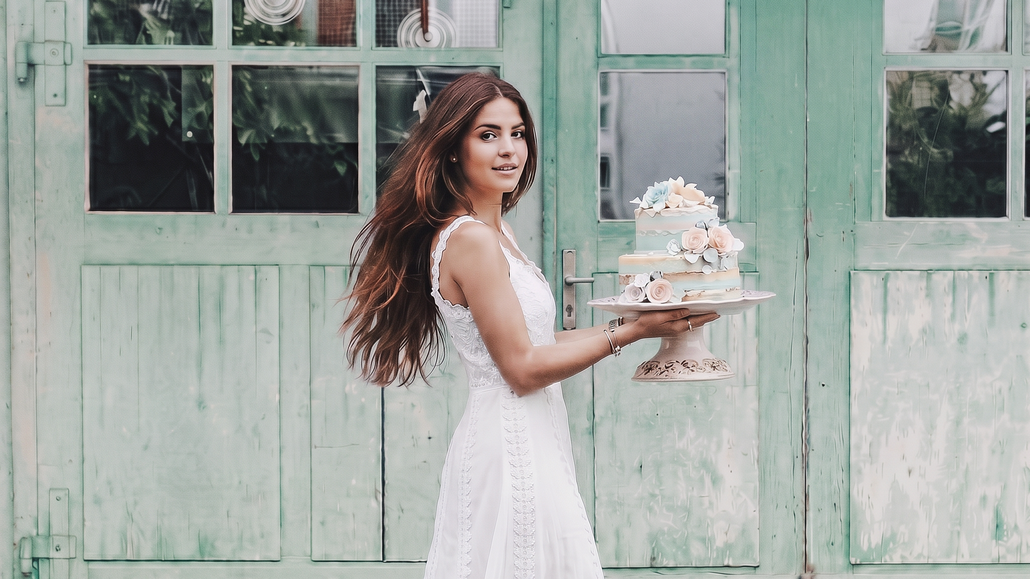 A young woman in a white dress holding a tiered wedding cake decorated with flowers, standing in front of a green wooden door.