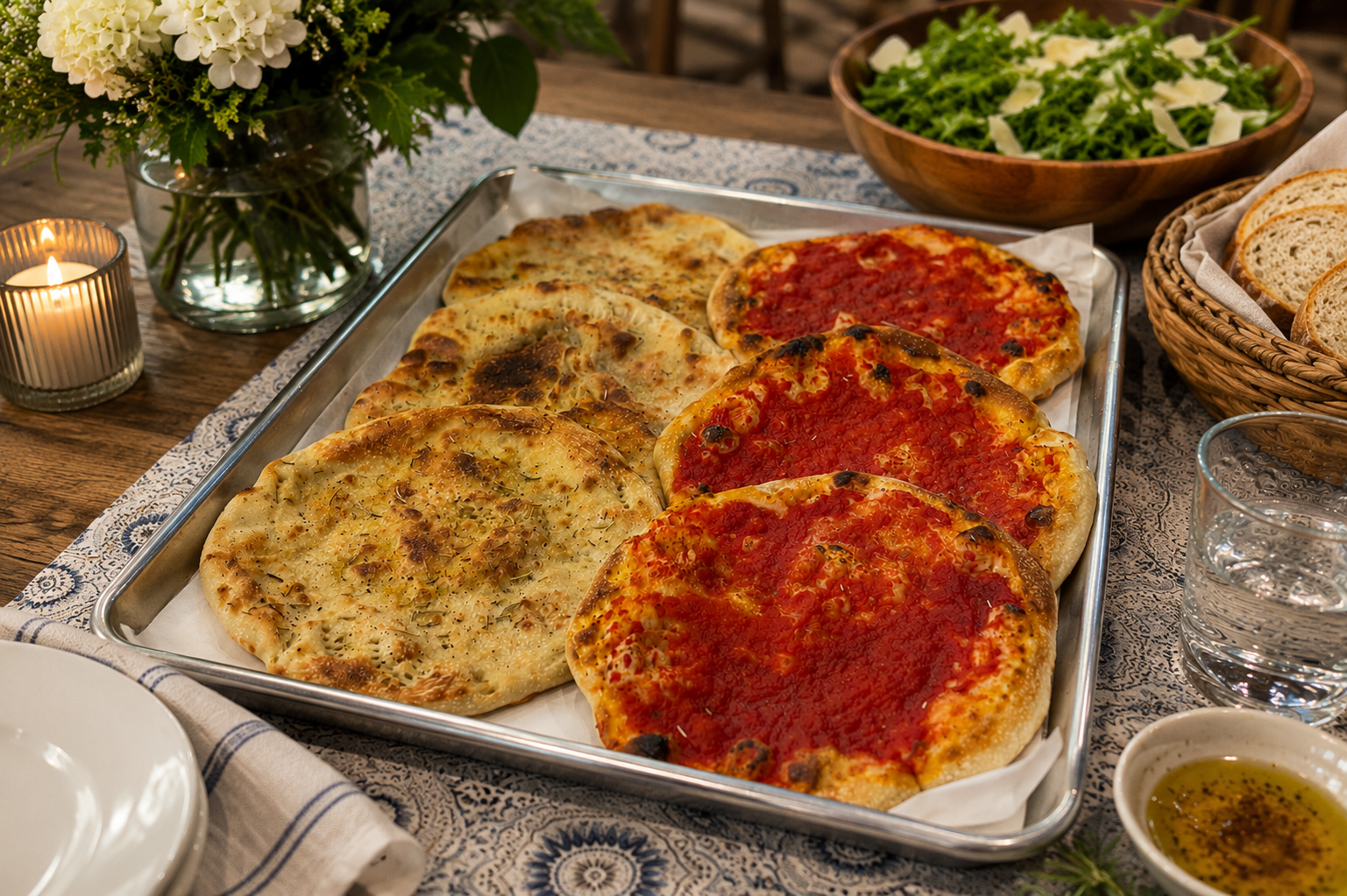 Tray of assorted personal pizzas with cheese and tomato, surrounded by salad, bread, water, and a candle on a dining table.