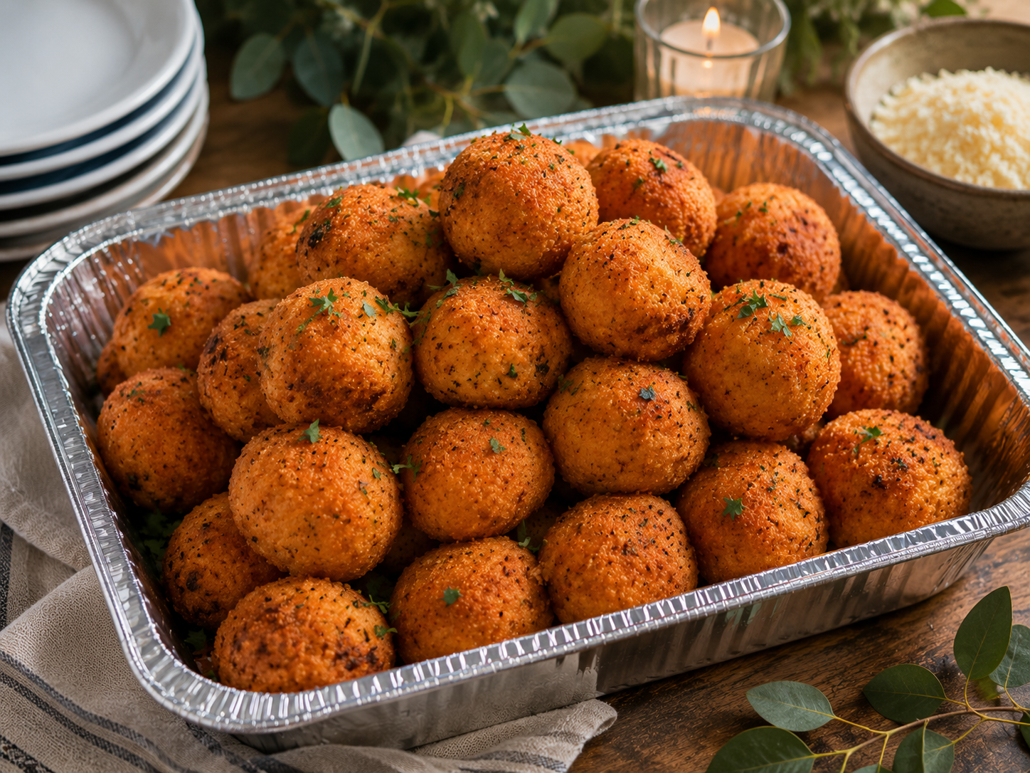 A tray of fried cheese balls garnished with herbs, set on a wooden table with dipping sauces and plates in the background.