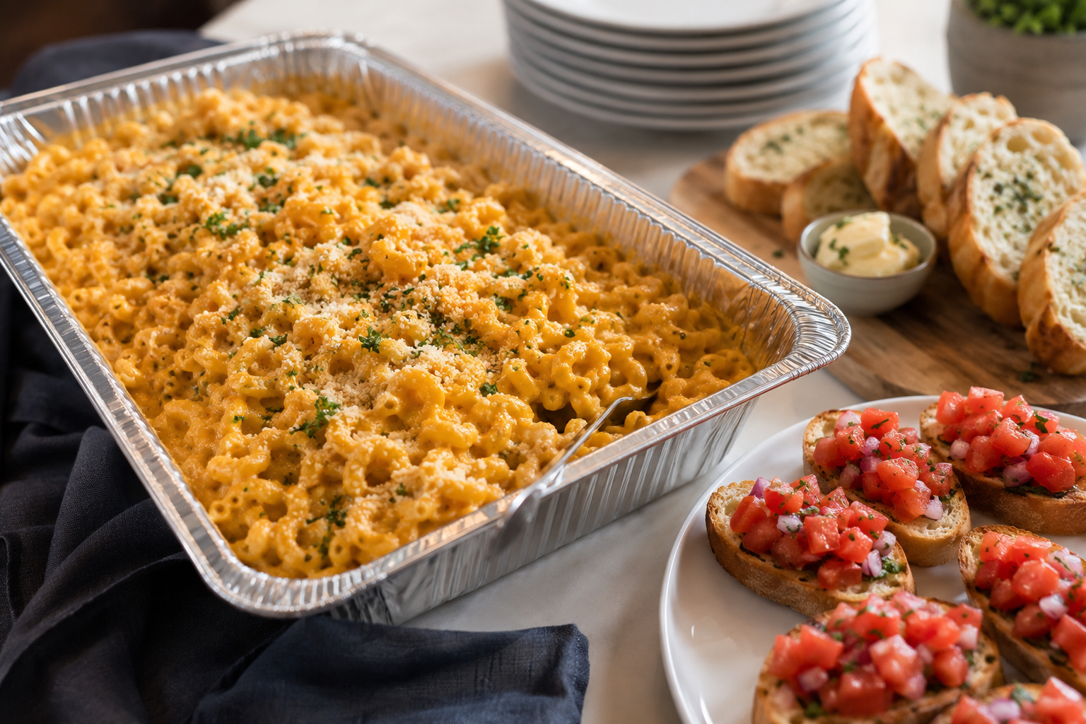Baked macaroni and cheese in a foil tray, served with garlic bread slices and tomato bruschetta on a white plate, with a small bowl of butter and a stack of white plates in the background.