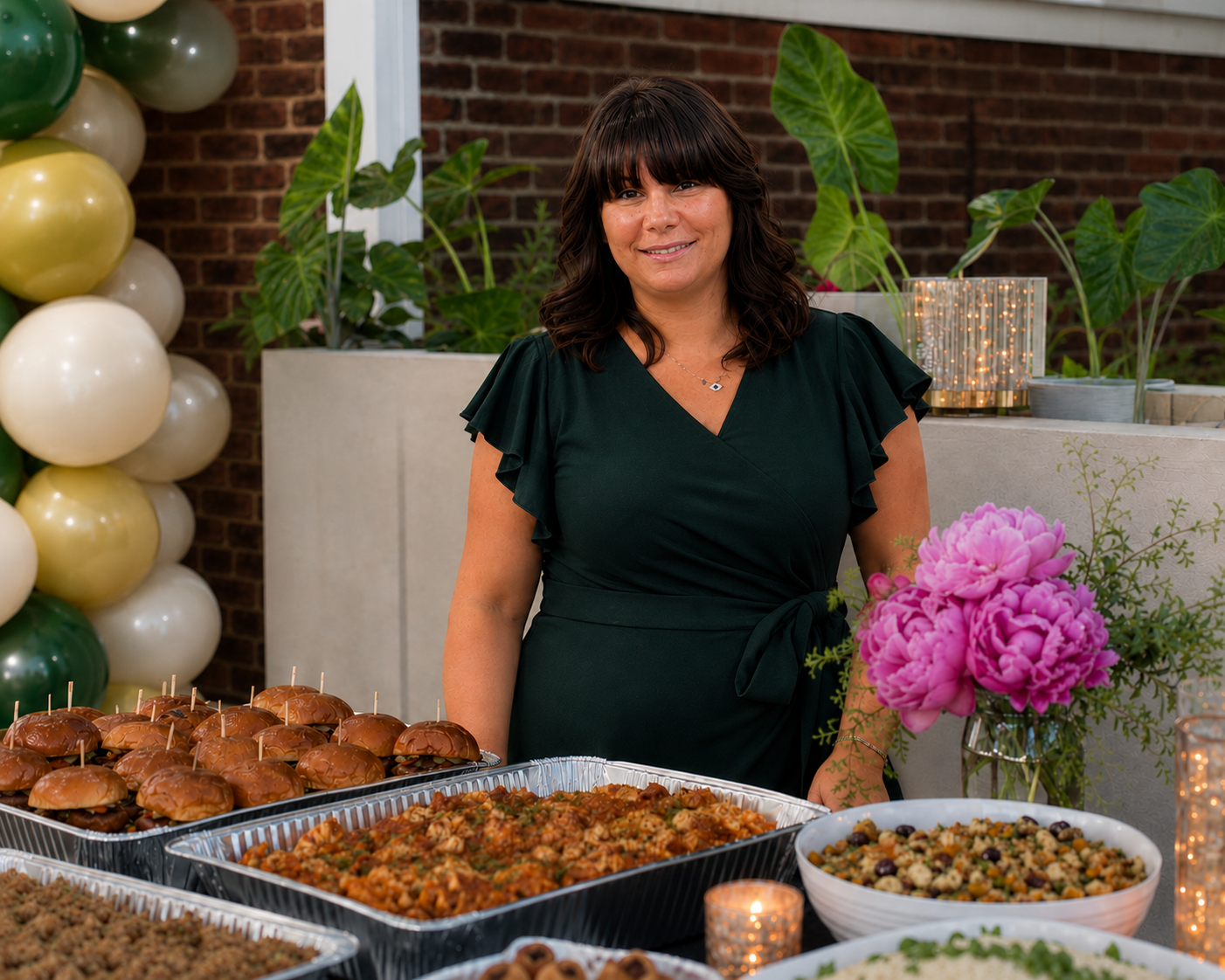 A woman in a dark green dress standing behind a table with an assortment of dishes, including slider burgers, pasta salad, and other foods at an indoor celebration with balloons, potted plants, pink flowers, and candles.