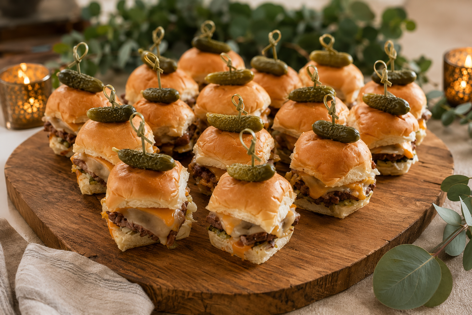Mini cheeseburger sliders with pickles on a wooden serving board, surrounded by green leaves and candlelight.