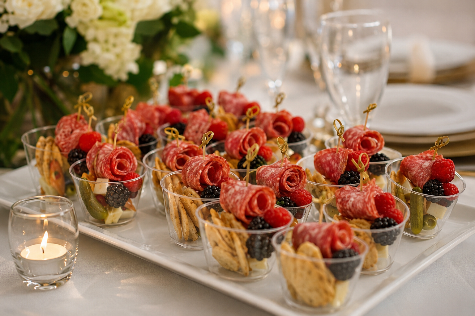 Elegant appetizer tray with mini cups filled with sliced salami, blackberries, raspberries, green pickles, and crackers, garnished with small skewers, on a white table with a candle, glassware, and plates.