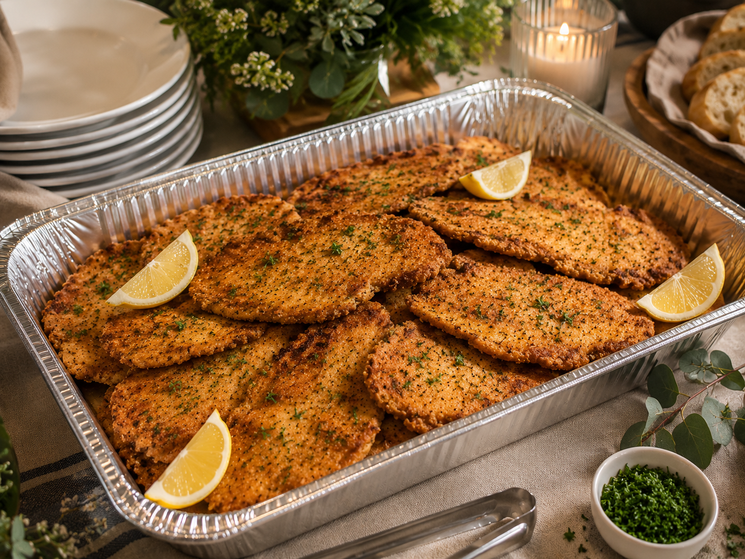 Breaded and baked chicken cutlets garnished with chopped parsley and lemon wedges in a large aluminum tray, surrounded by plates, green foliage, a lit candle, and bread slices.