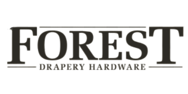 Logo for FOrest Drapery Hardware with black text on a transparent background.
