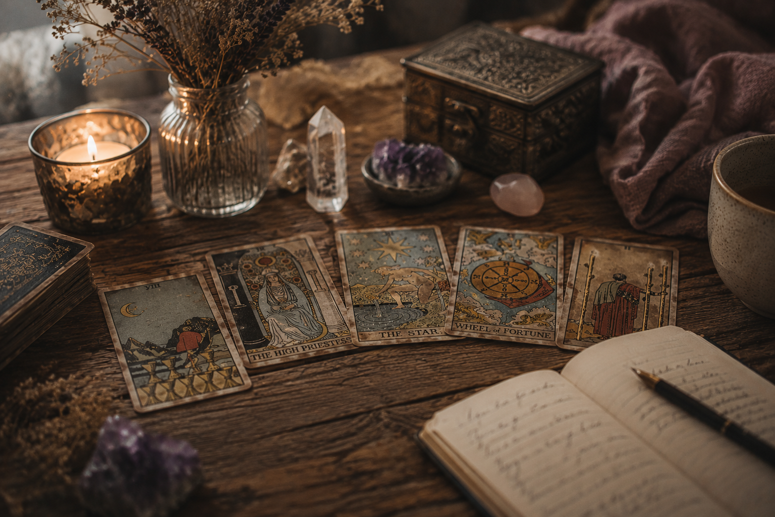 A wooden table with tarot cards, crystals, a notebook, a pen, a lit candle, a glass vase with dried flowers, and a cup of tea.