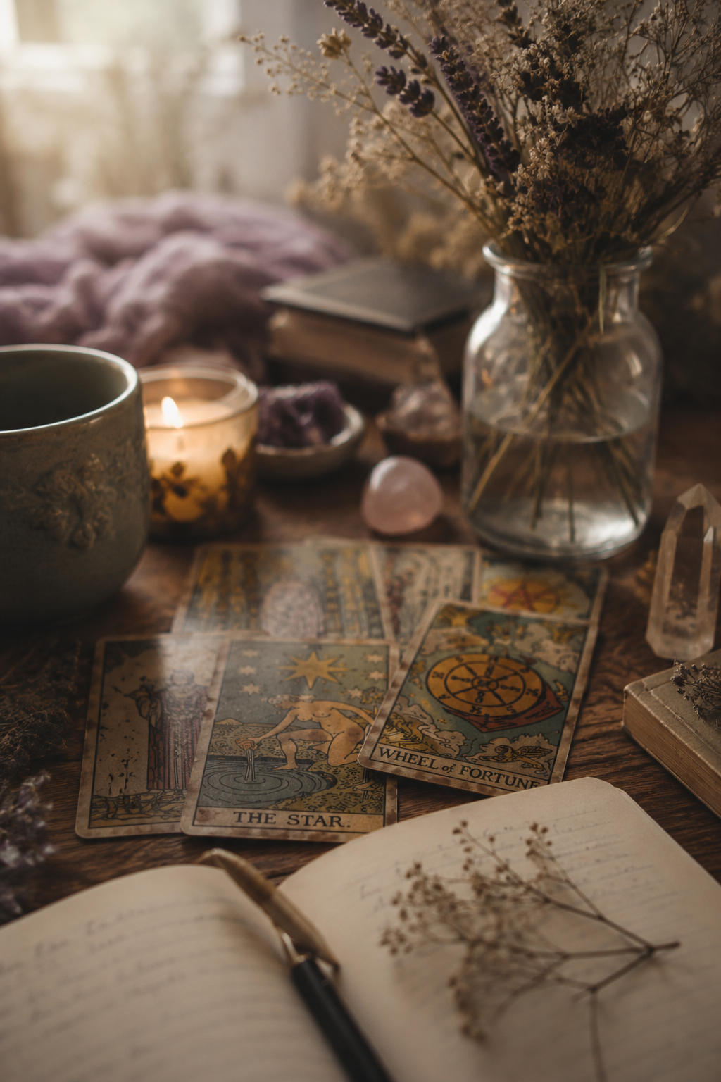 A scene with tarot cards, an open notebook with a pen, a cup, candles, dried flowers, and crystals on a wooden surface, creating a mystical or witchcraft vibe.