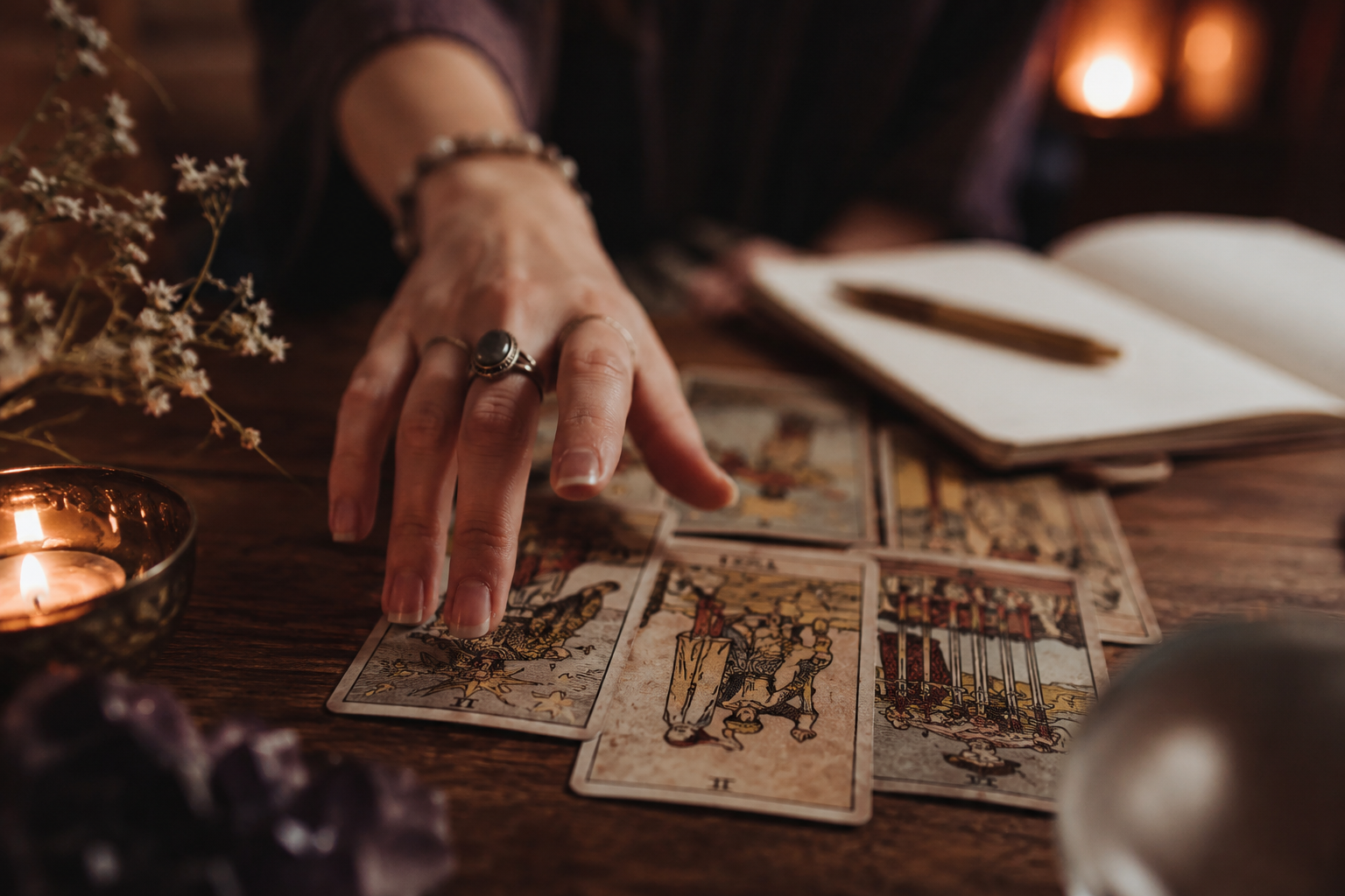 A person with jewelry, including rings and a bracelet, is reaching out towards tarot cards on a wooden table. An open notebook with a pen, a lit candle in a copper holder, dried flowers, and some crystals are also on the table.