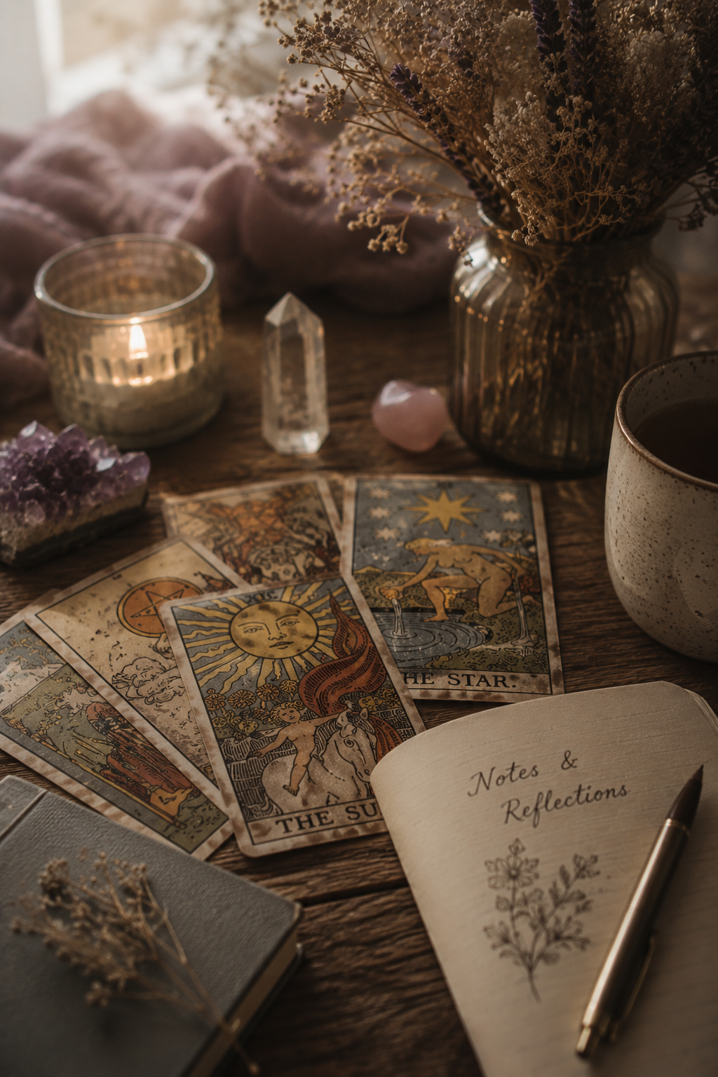 A wooden table with tarot cards, a notebook labeled 'Notes & Reflections,' a pen, a cup of tea, crystals, a dried flower bouquet, an amethyst geode, and a lit candle, creating a mystical, cozy atmosphere.