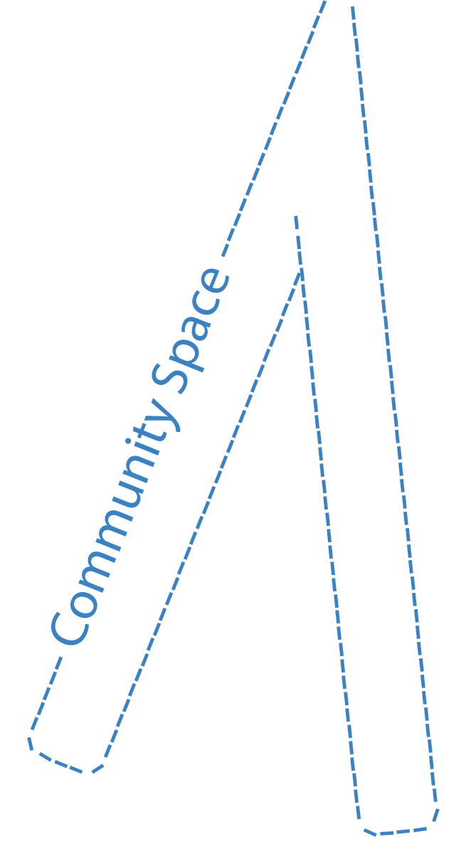 Dotted blue line illustration of a space rocket with the words "Community Space" written along the body.