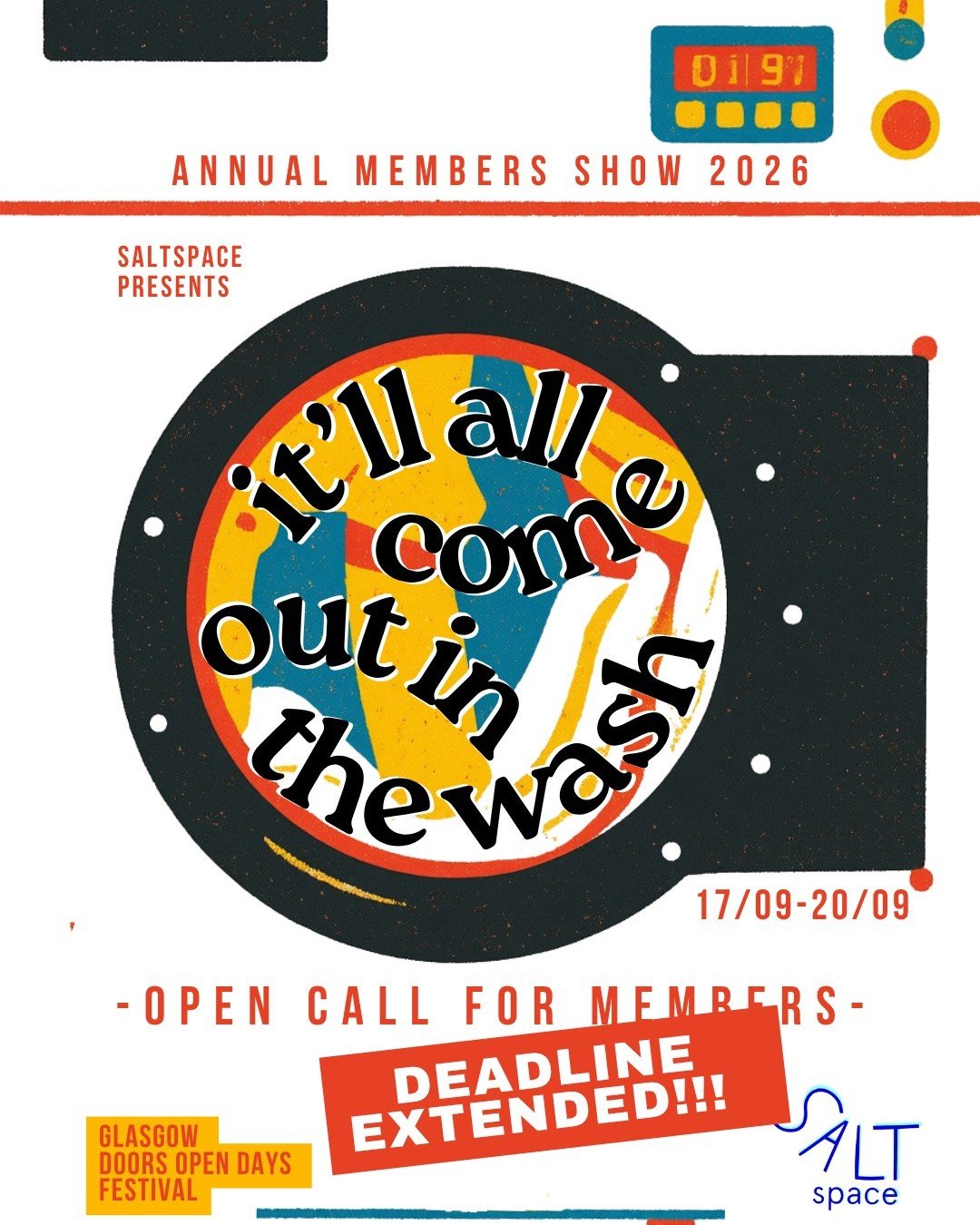 🚨 DEADLINE EXTENDED! 🚨

We&rsquo;ve extended the deadline for submissions to our Annual SaltSpace Members Show 2026: &ldquo;It&rsquo;ll All Come Out in the Wash&rdquo; 🫧

📆 NEW DEADLINE: 4 SEPTEMBER 2026 &mdash; 23:59

Every year, SaltSpace hosts