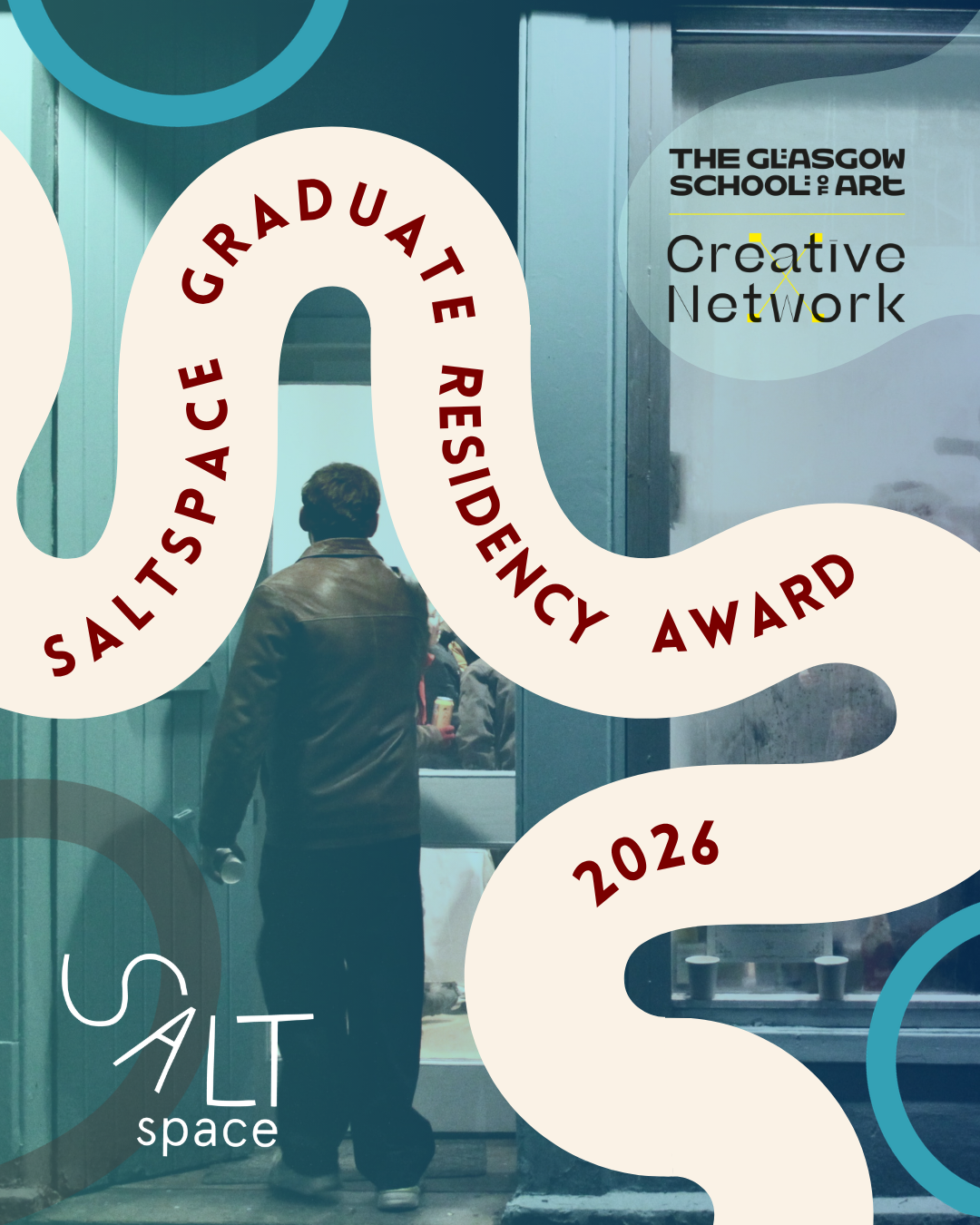 Design for the Salt Space 'Salute Graduate' award 2026, featuring a photograph of a person in a leather jacket standing outside a building with a glass entrance door, and overlayed artistic text and graphics from the Glasgow School of Art Creative Network.