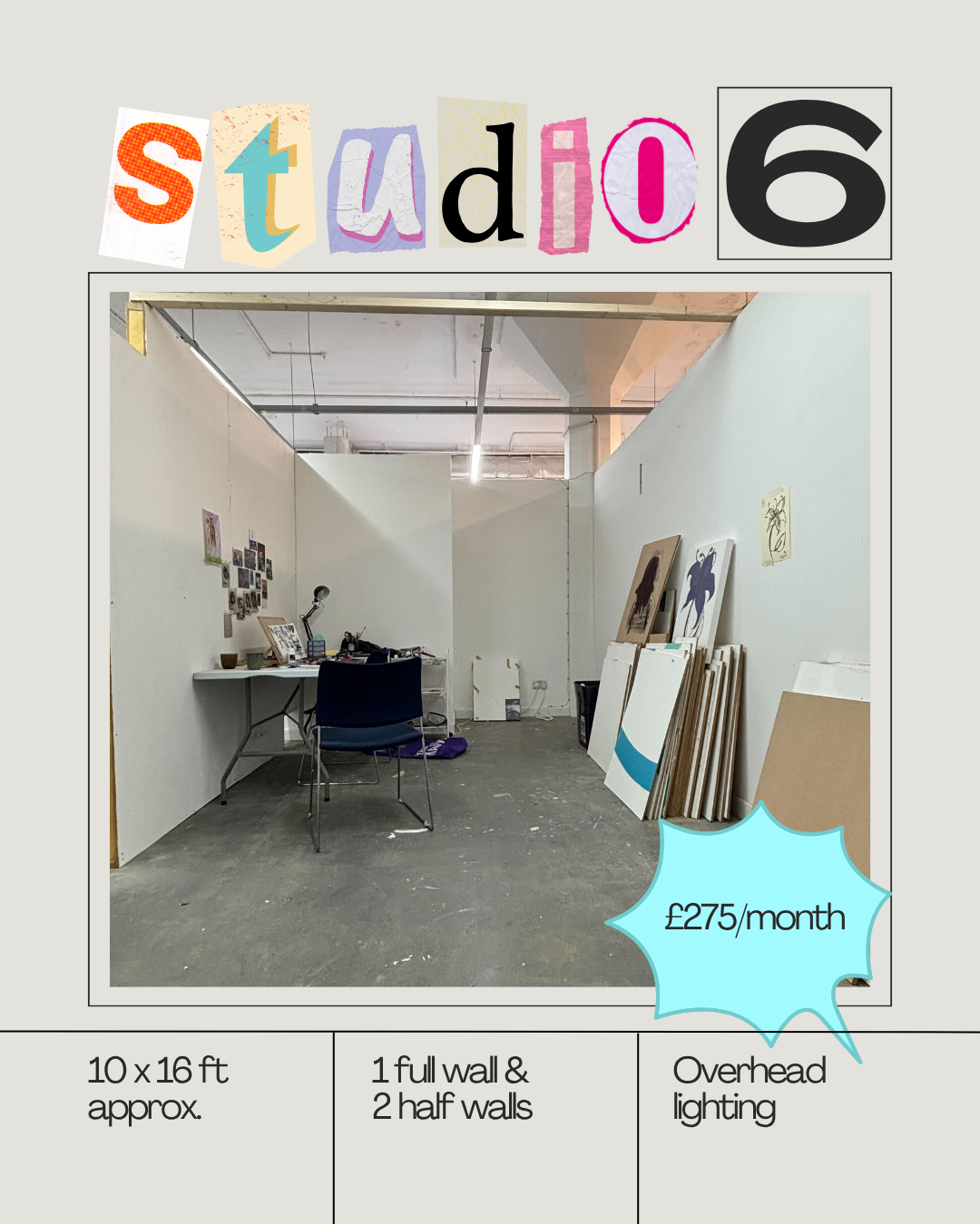 Empty art studio with white walls, a desk with art supplies, and stacked canvases leaning against the wall, advertised for £275 per month