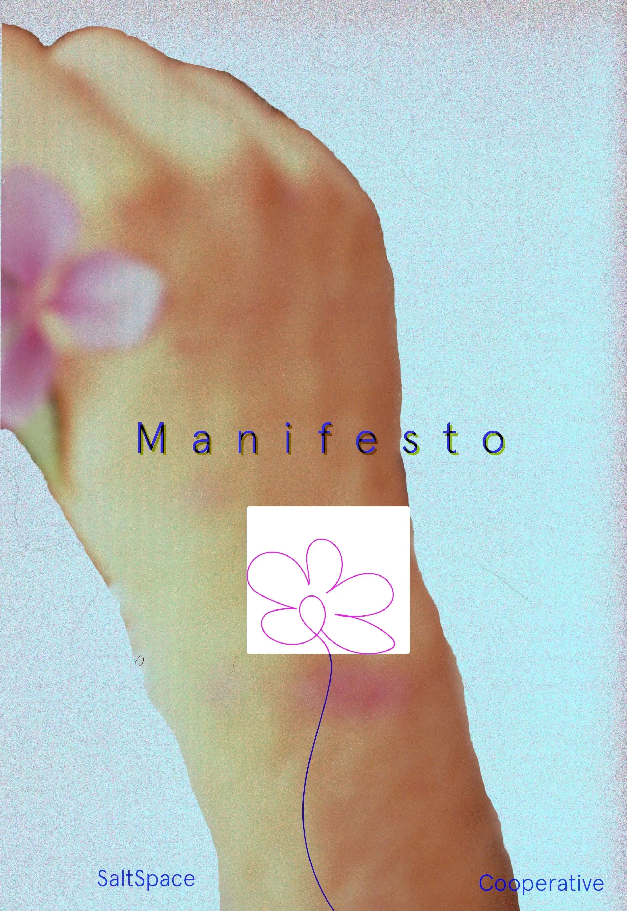A digital graphic design featuring a human back with colorful, abstract watercolor style art, and the word 'Manifesto' in blue text across the image. It also shows outlines of a flower in purple. There are words 'SaltSpace' and 'Cooperative' at the bottom corners.