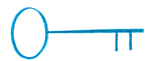 Drawing of a key with an oval-shaped head and a long, straight shaft with two notches.