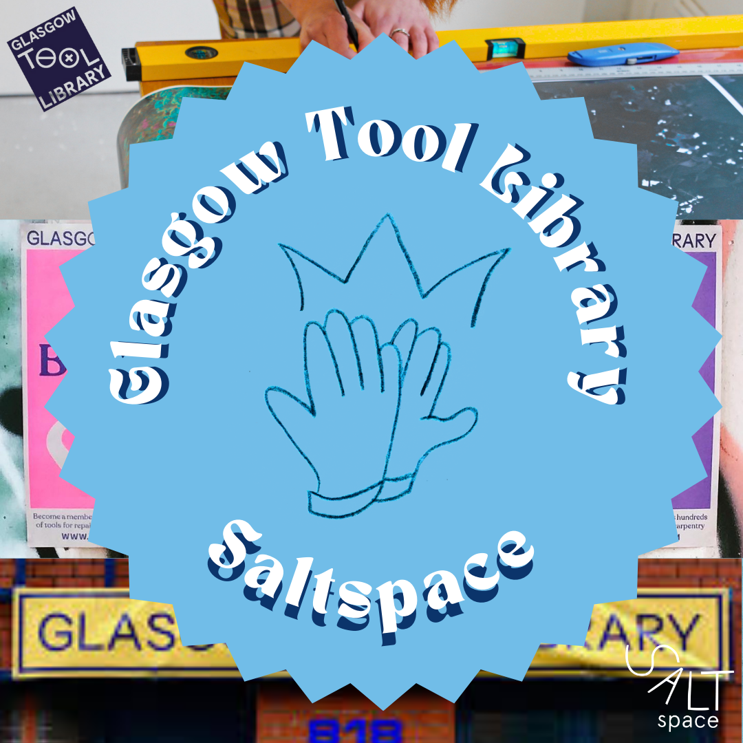 Logo for Glasgow Tool Library at Gallagly Tool Library in Sallspace, featuring a illustration of two hands with lines suggesting a crown or burst, on a blue background. Background shows bookshelves and tools.