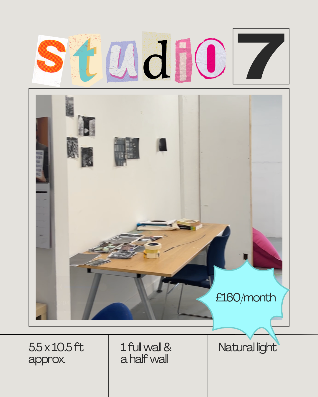 Photo of an empty study room with a wooden table, chairs, papers, and books. The wall has small photographs and posters. Text overlay shows rental details, including price, size in feet, wall configuration, and lighting.