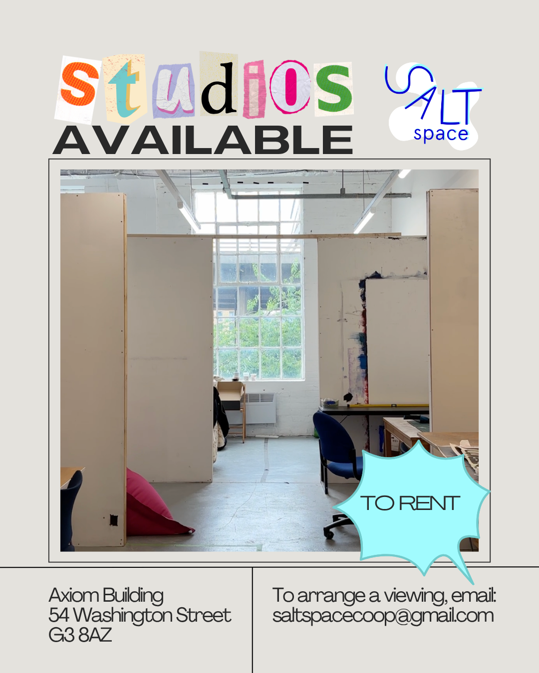 Interior of an empty office space with partitions, chairs, a desk, and large windows, available for rent at Axiom Building, 54 Washington Street, G3 8AZ.