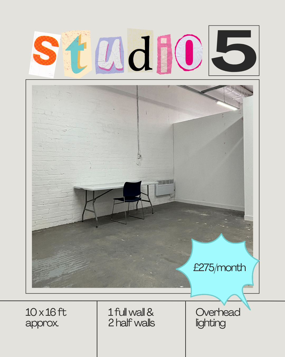 Empty office space with white brick wall, black chair, white table, and overhead lighting, available for £275 per month.