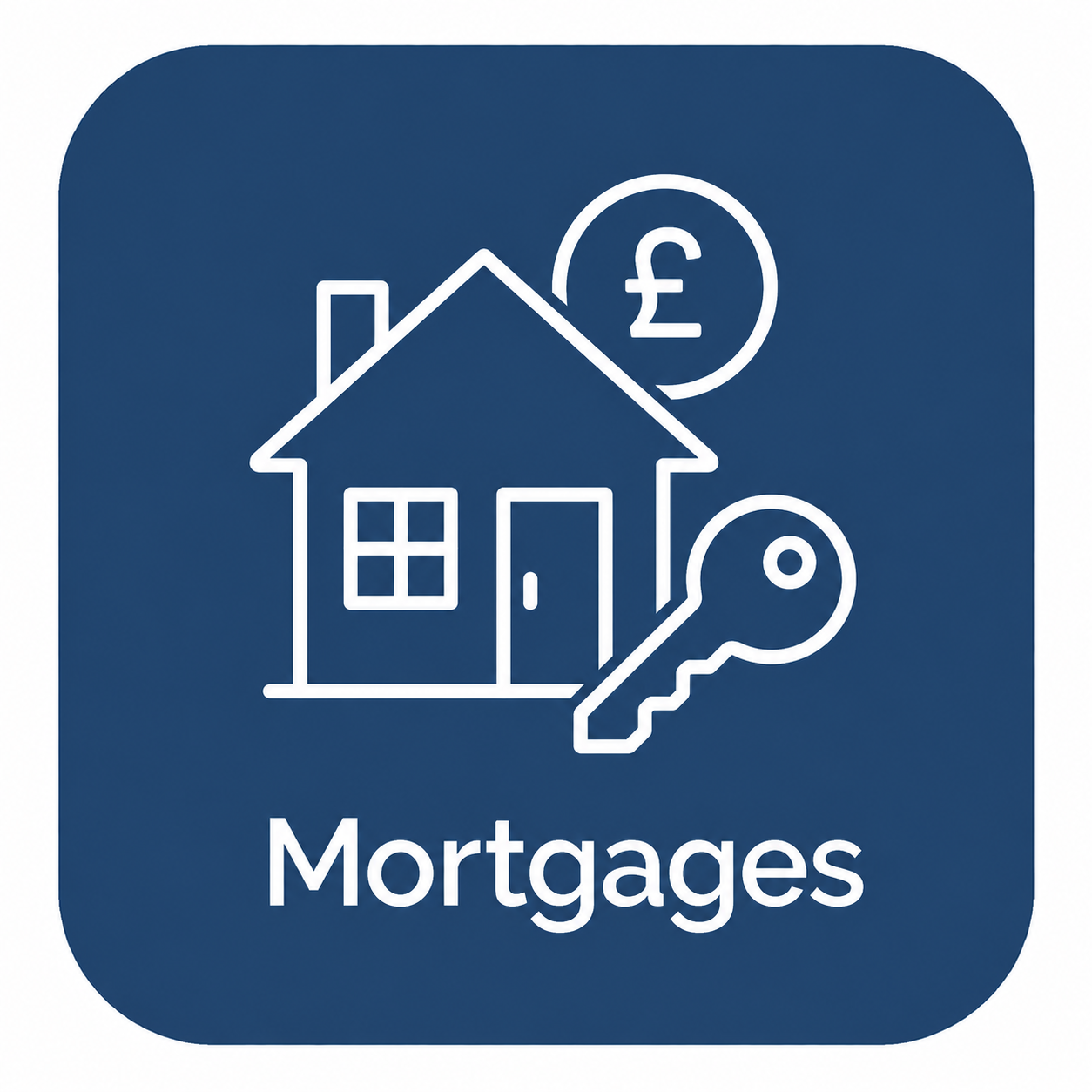 Icon of a house with a key, a pound symbol, and a money coin, representing mortgages.