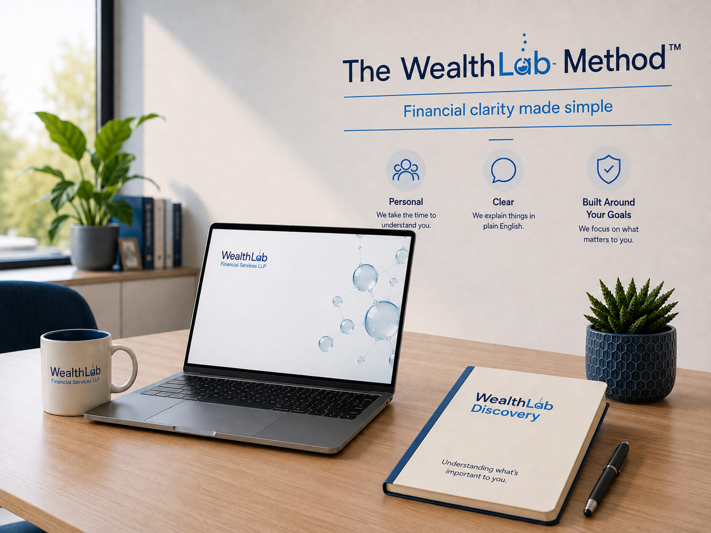 A workspace with a laptop, coffee mug, and notebook on a wooden desk, featuring a large poster on the wall that reads 'The WealthLab Method' and describes their approach to financial clarity, personal understanding, clarity, and goal-based focus.