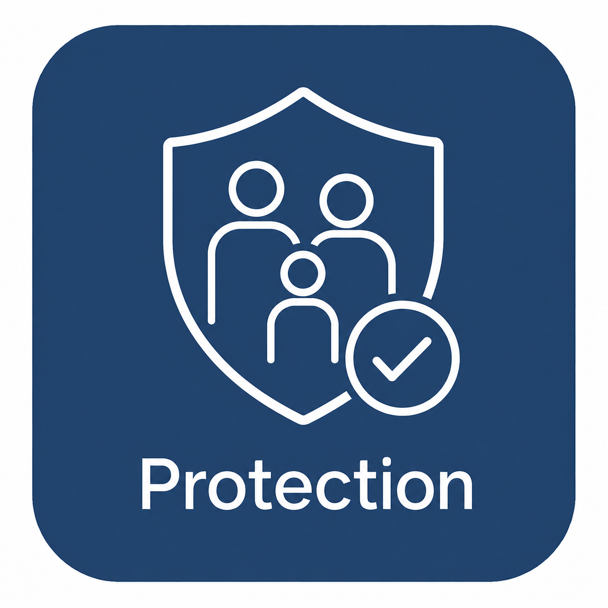 Icon representing protection with a shield enclosing a family of three and a checkmark, with the word 'Protection' underneath.