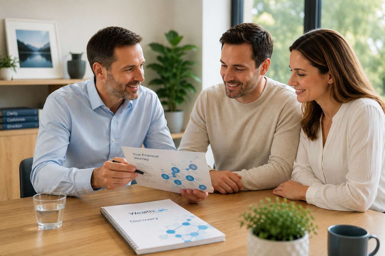 Three adults, two men and one woman, sitting at a table in an office, discussing a financial document with graphs. The man on the left is holding the document, while the other two look on, smiling.
