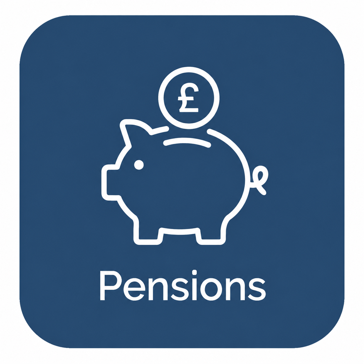 An icon of a piggy bank with a British pound coin above it, and the word "Pensions" below, on a blue background.